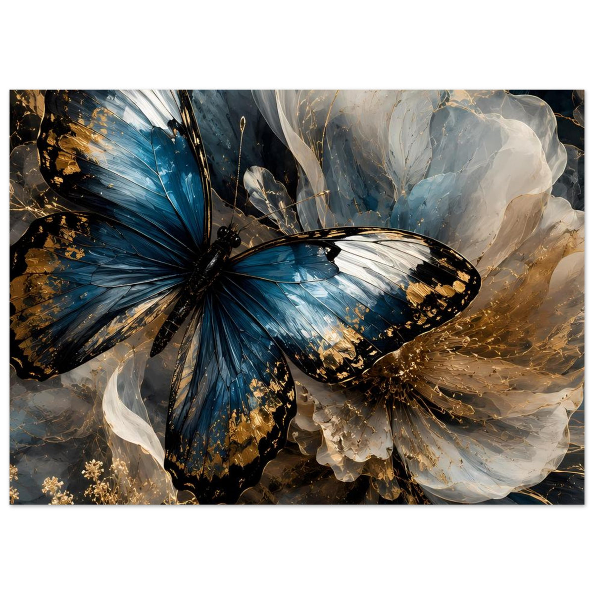 Vertikales Poster: blauer Schmetterling mit goldener Linienstruktur und Farbverlauf.
