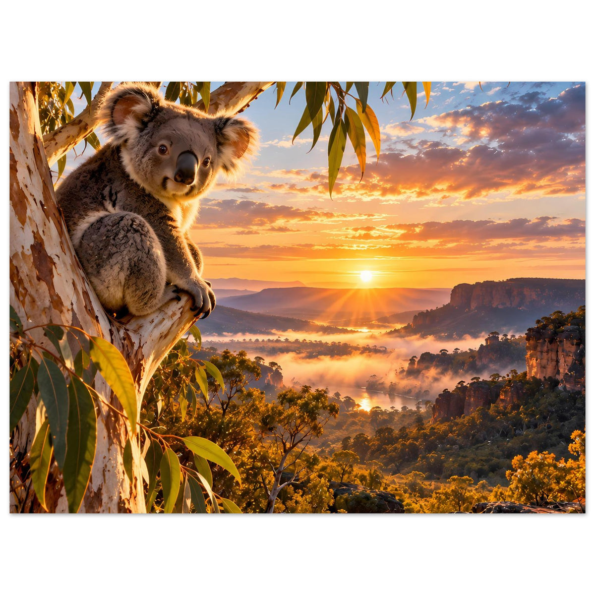 Wandposter im Hochformat: Koala an Eukalyptuszweigen, warmes Licht und Ferne im Nebel