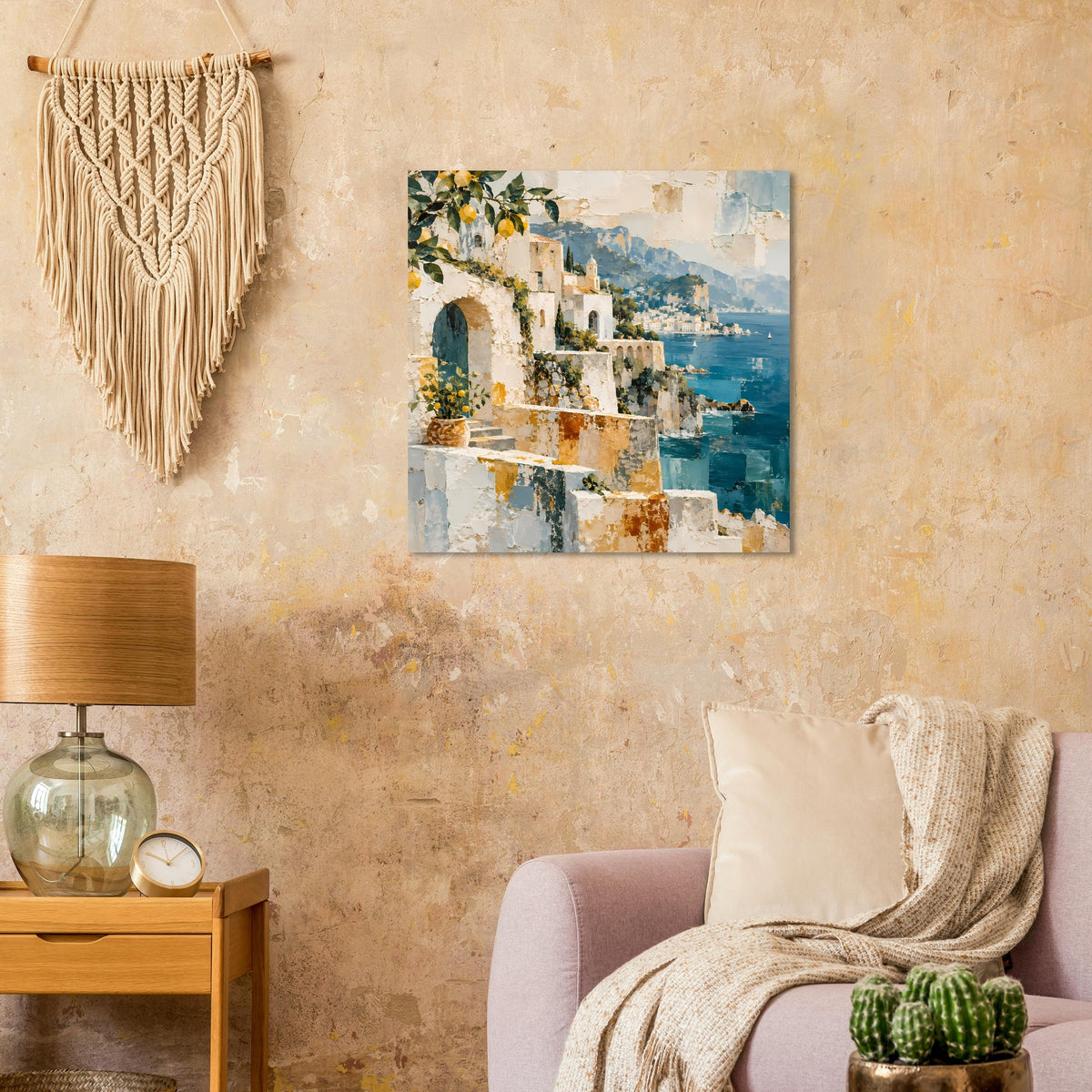 Kunstposter mit Küstenhäusern in Ocker- und Tiefblau-Tönen