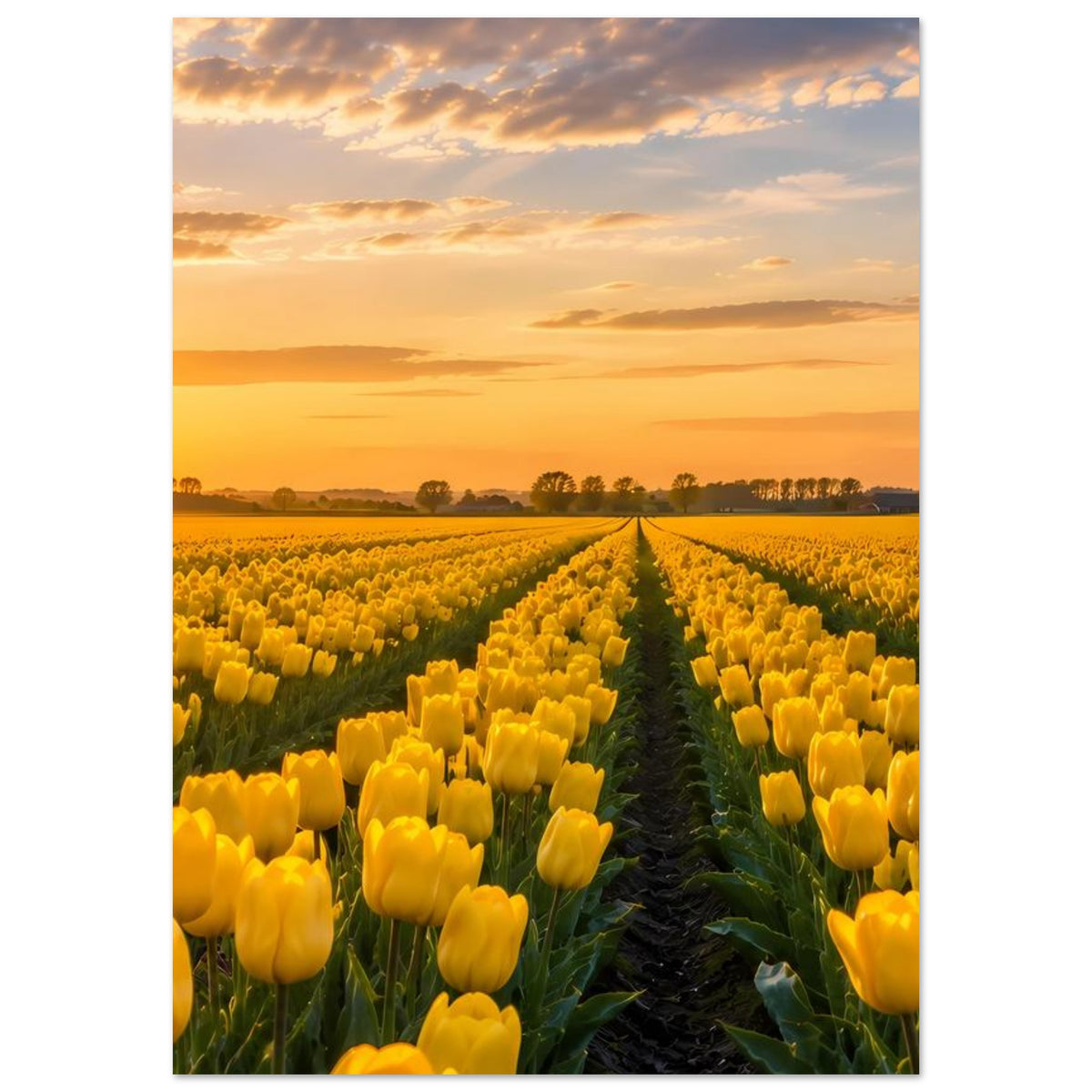 Poster mit gelbem Tulpenmeer aus Tulpenreihen und Windmühle am Horizont