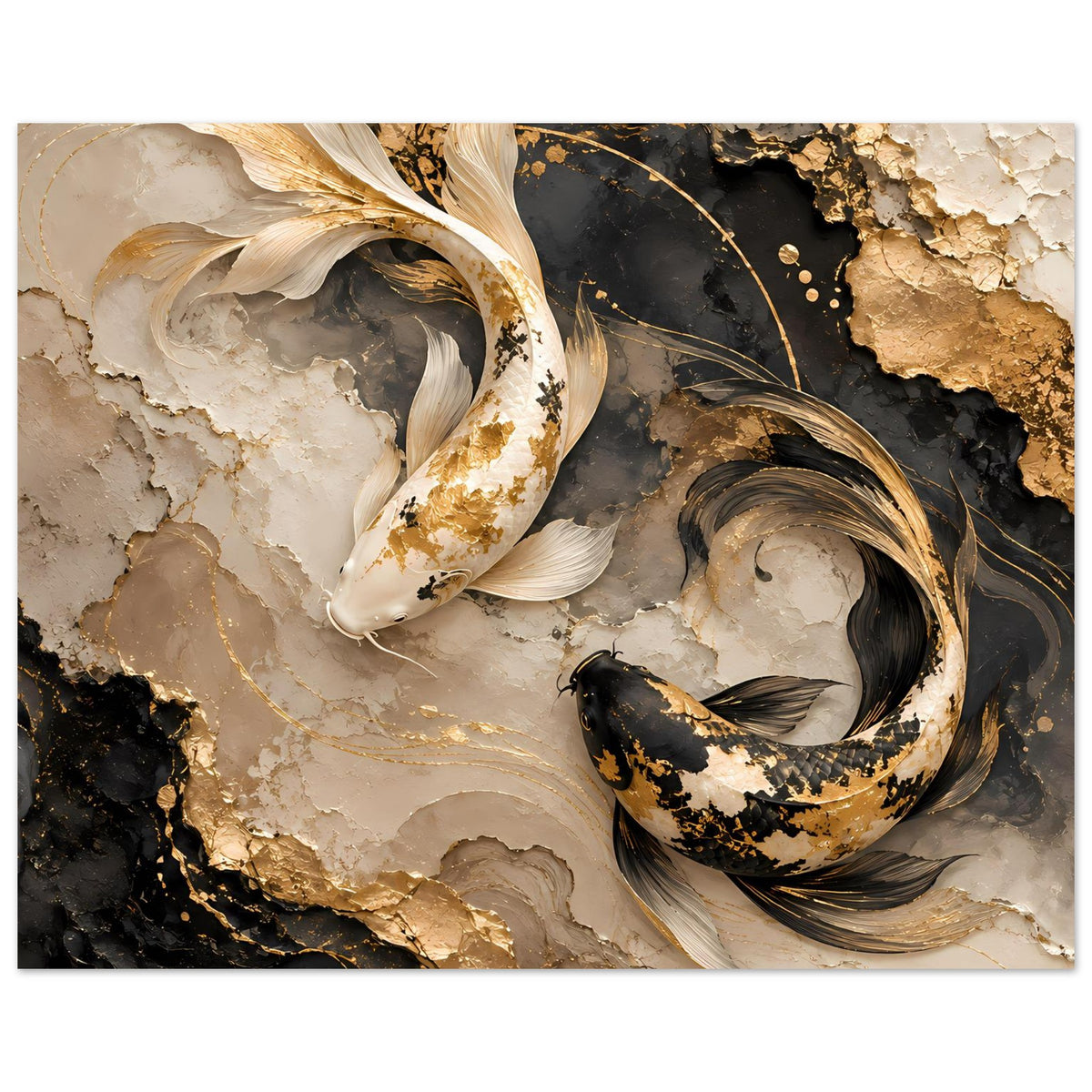 Kunstposter: zwei Koi-Fische mit goldenen Akzenten auf dunklem, marmoriertem Hintergrund