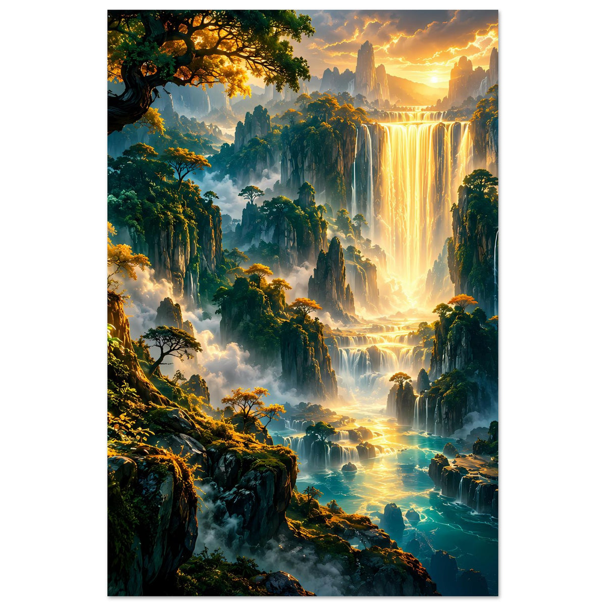 Fantasy-Landschaftsposter im Hochformat mit goldenem Wasserfall und Waldlandschaft im Dunst