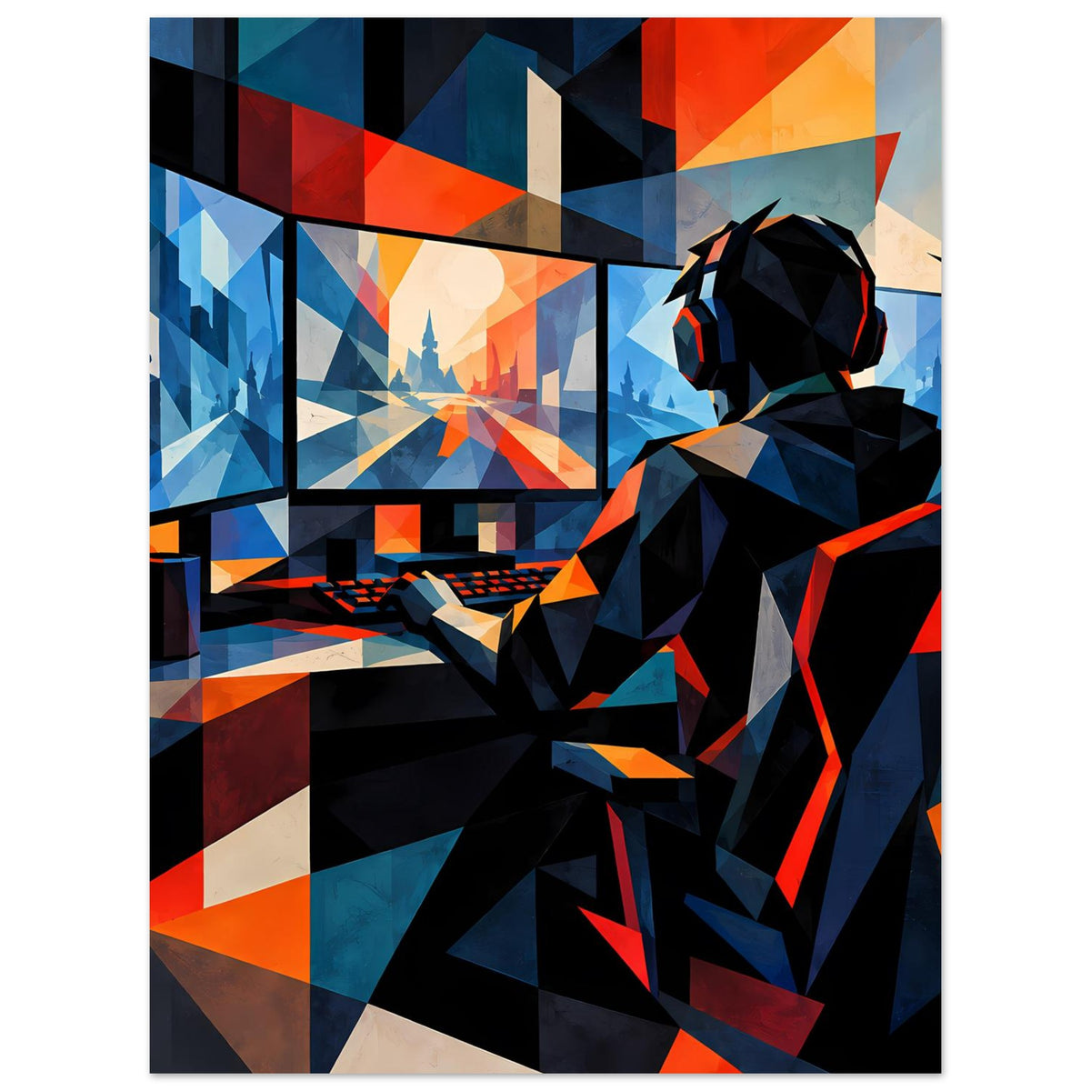 Gaming-Poster mit Gamerprofil und Headset, geometrischer Hintergrund in Blau/Orange
