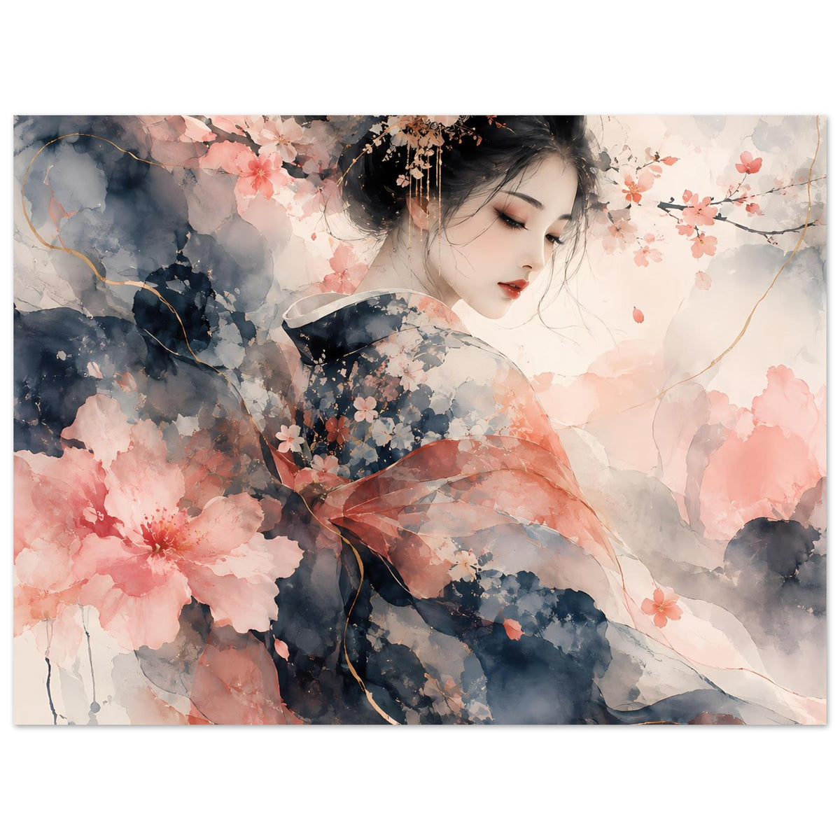 Wandposter mit Aquarellmotiv einer Frau im Profil, Kirschblüten und sanften Farbschichten