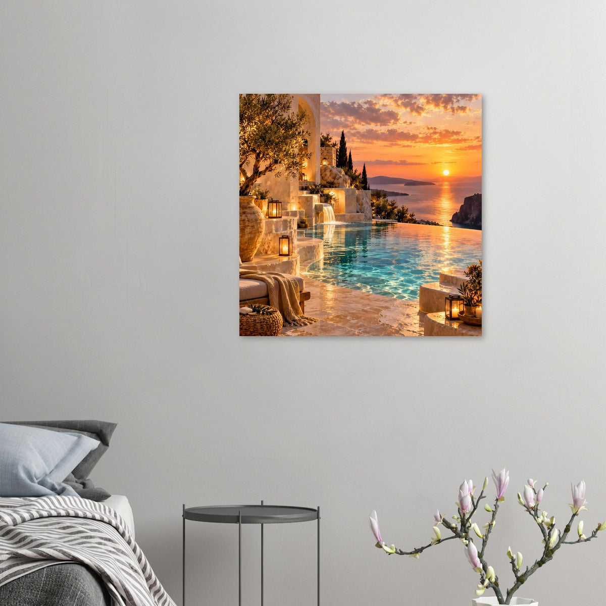 Landschaftsposter im Querformat an der Wand: Pool und Sonnenuntergang über dem Meer