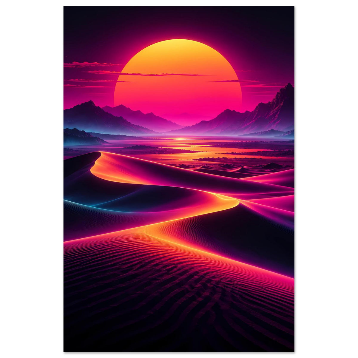 Vertikales Neon-Desert-Poster mit gelb-oranger Sonne, violetten Bergen und leuchtender Wegkreuzung
