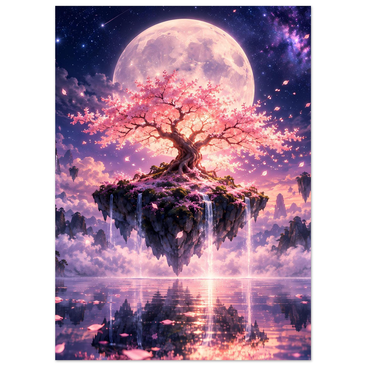 Poster (hochkant) mit Kirschblütenbaum auf schwebender Insel, Vollmond am Himmel