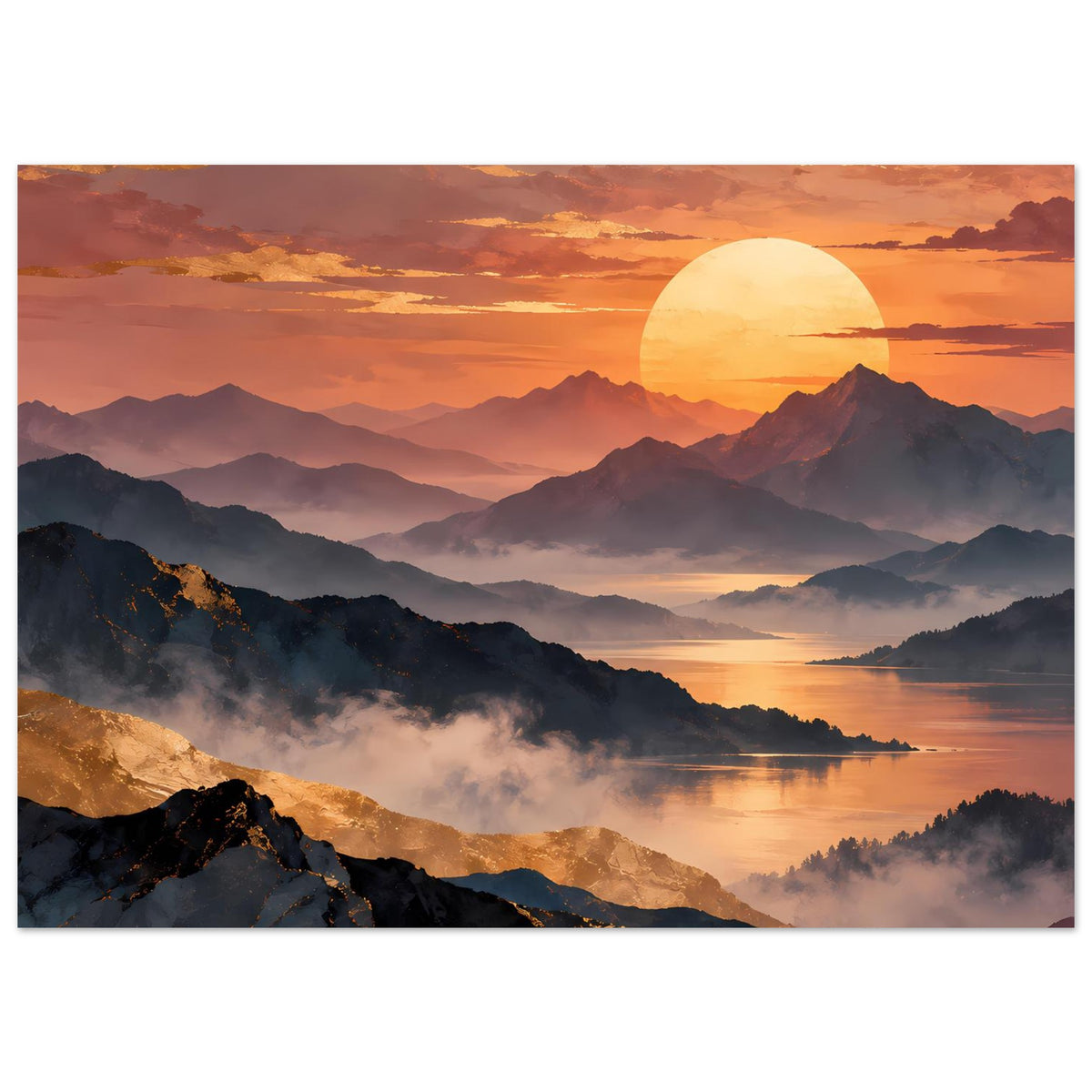Horizontales Wandposter mit Bergpanorama im Abendrot, großer gelber Sonne und ruhigem Gewässer