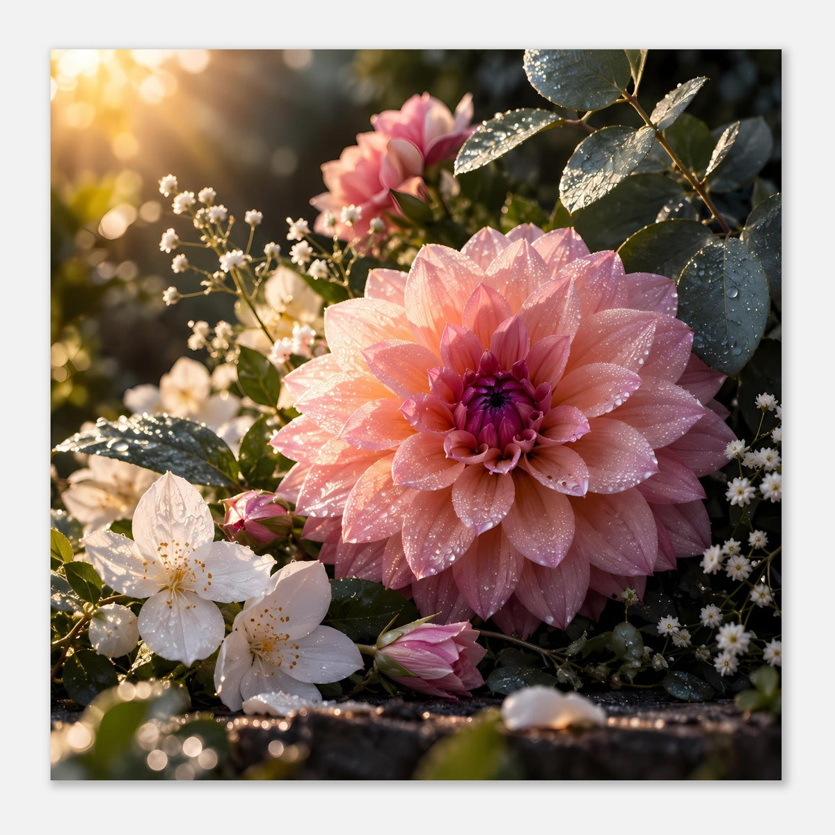 Blumenposter mit rosa Blüte und weißen Blüten, Blätter mit Wassertropfen im Detail