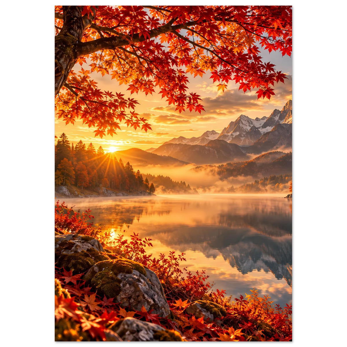 Herbstlandschaft-Poster im Hochformat mit roten Blättern, Sonne am Horizont und Bergen