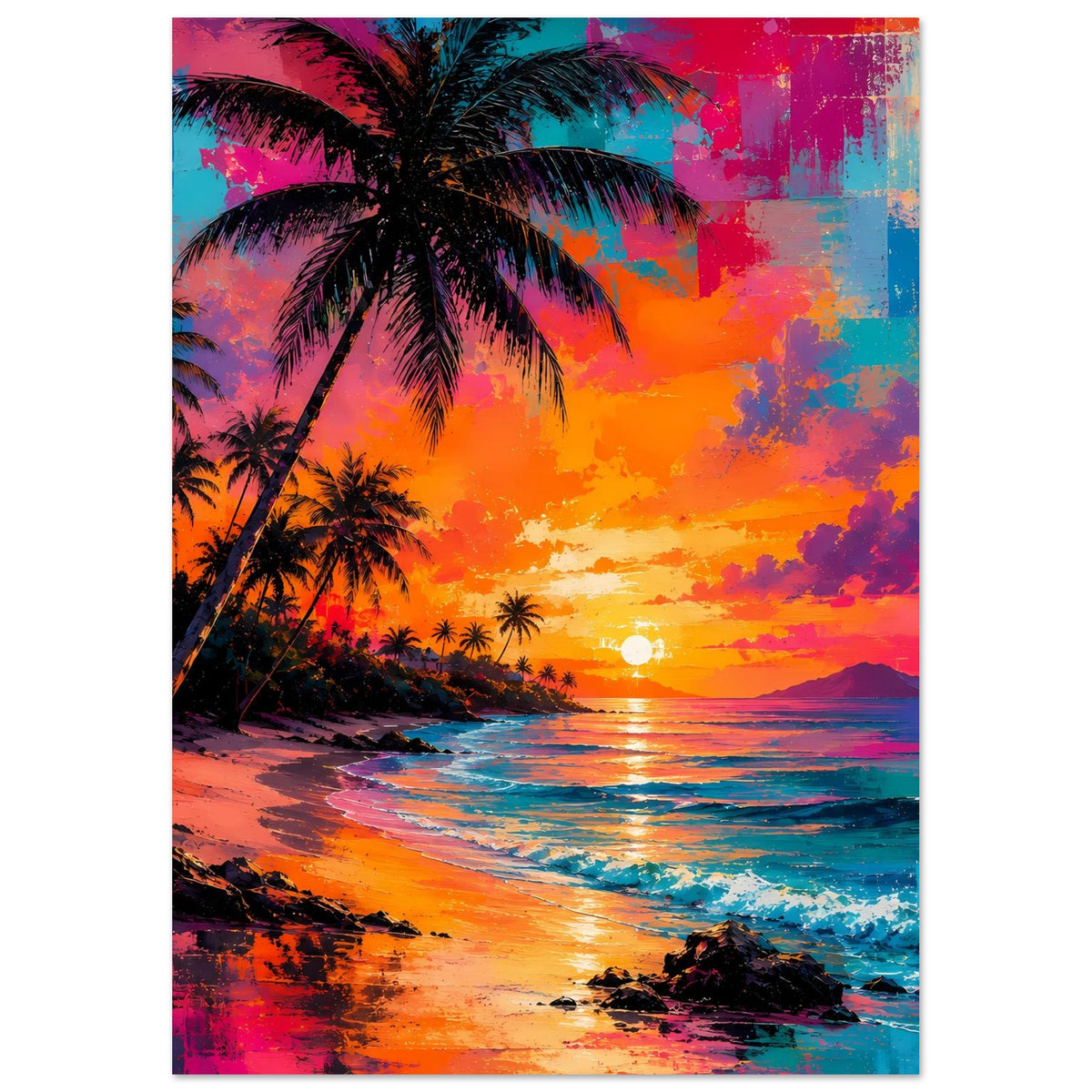 Hochformat-Poster mit Neon-Sonnenuntergang am Palmenstrand und bunten Wolken