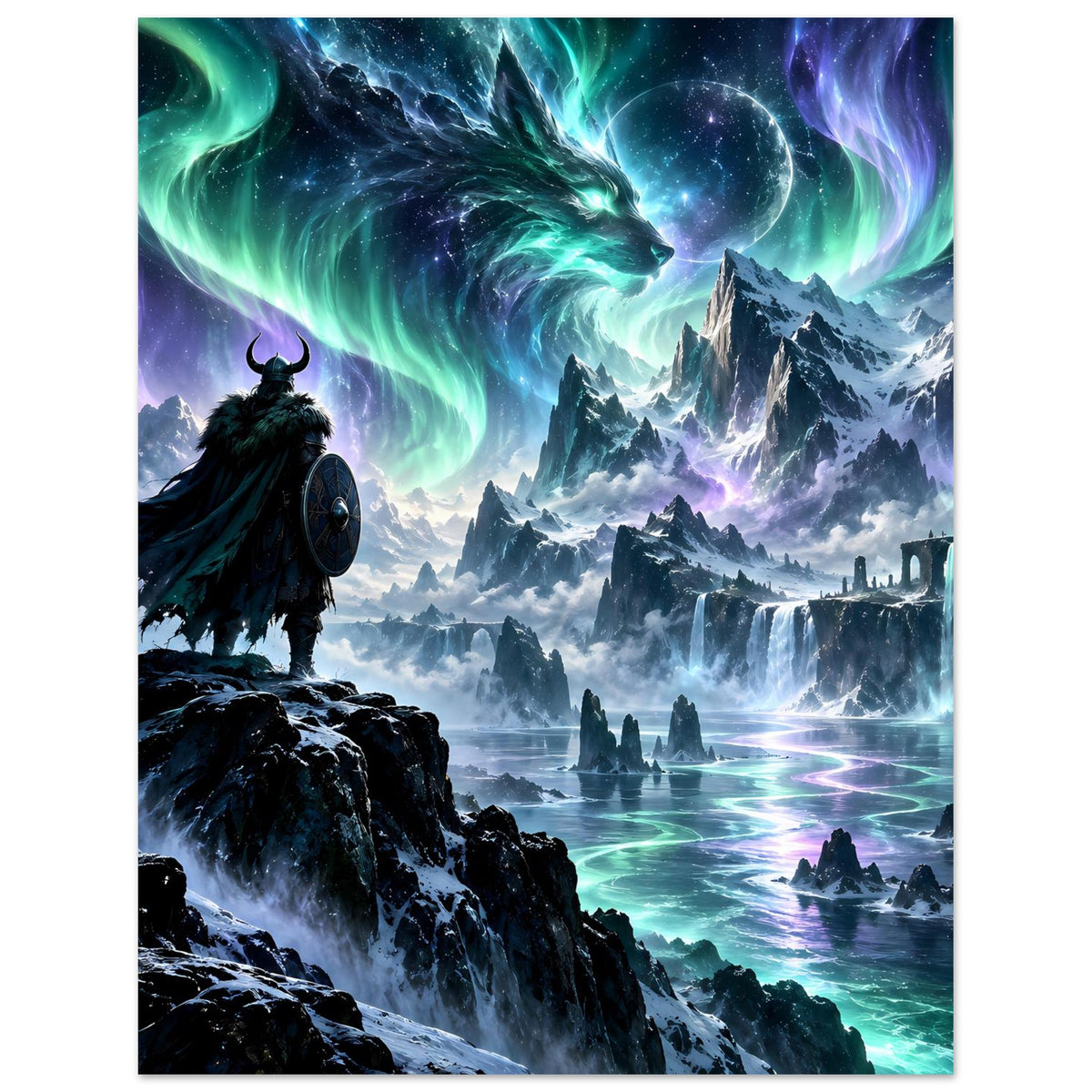 Fantasy-Poster: Drachenkopf, Kriegerfigur und leuchtendes Wasser vor Eisgebirge