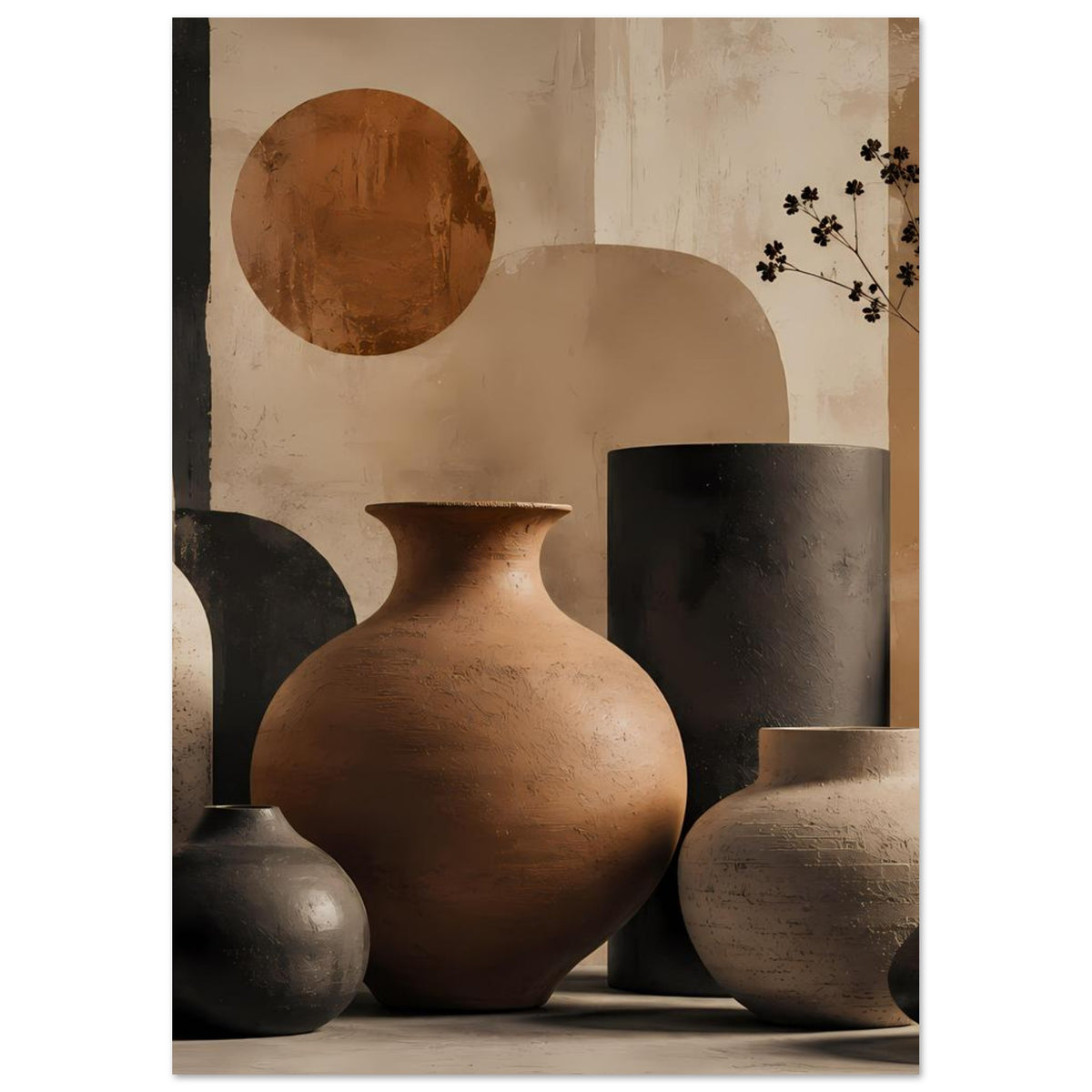 Poster mit Keramikvasen: terrakottafarbene Vase im Vordergrund, seitlich dunkle und helle Vasen