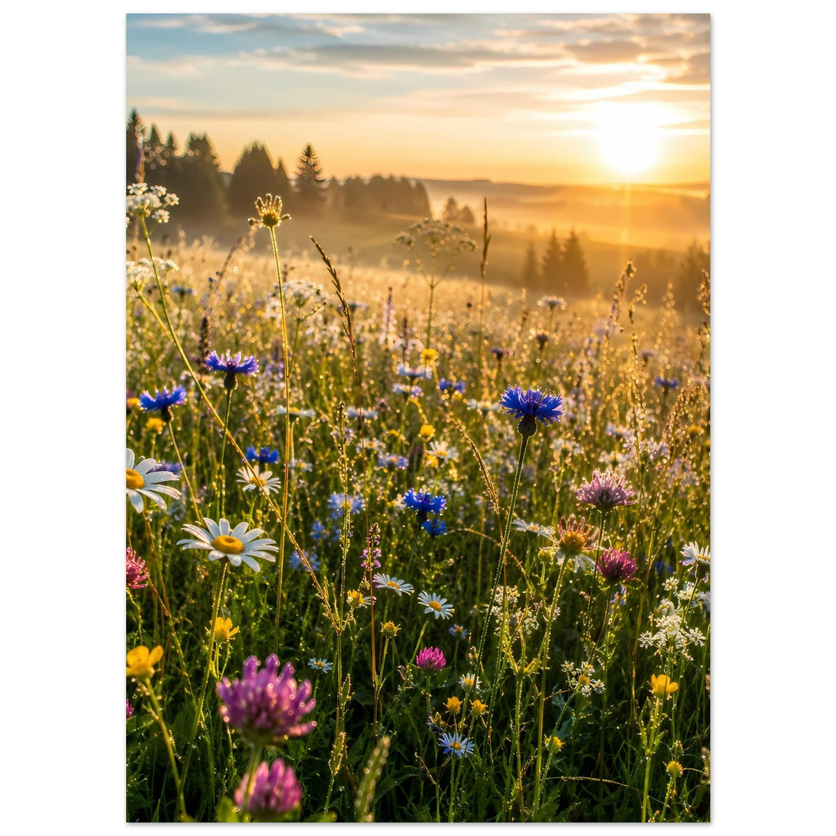 Sonnengeküsstes Wildblumenwiesen-Poster, Hochformat: Wiese mit Margeriten und blauen Blüten