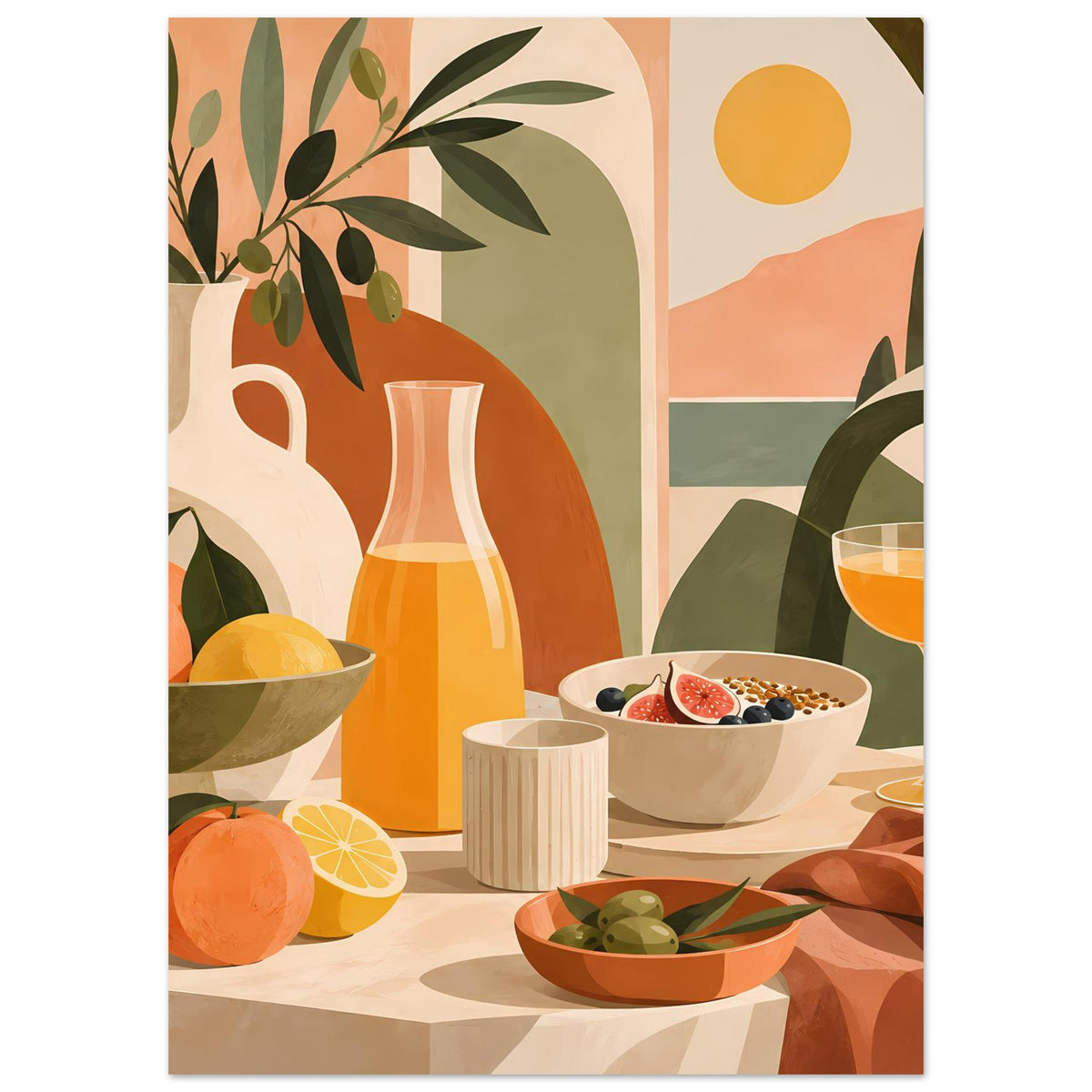 Stillleben-Poster im Hochformat: Vase, Obst, Schüssel mit Früchten und Oliven, Wein im Glas