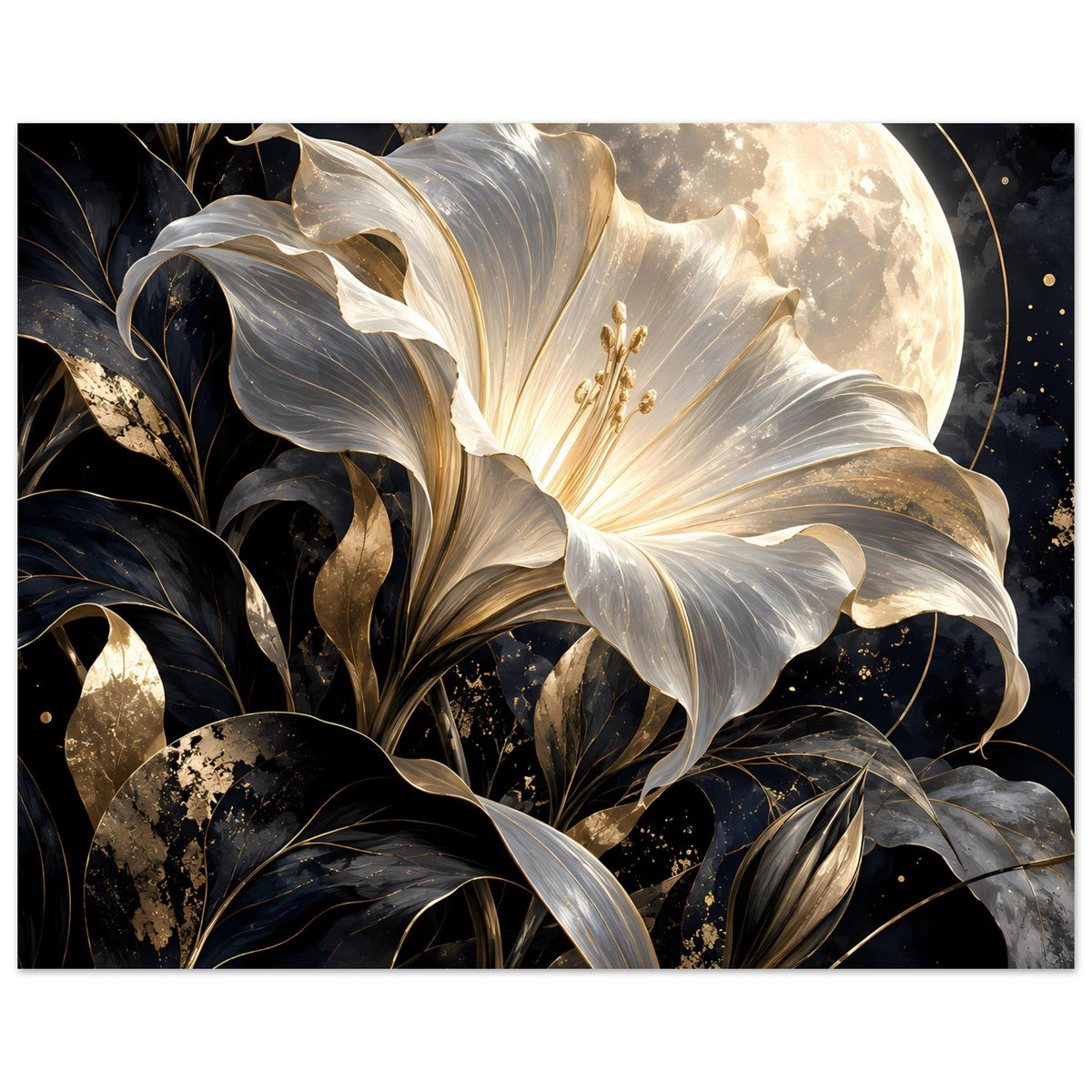 Poster im Hochformat mit weiß-goldener Blüte, dunklem Blattwerk und hellem Mondkreis