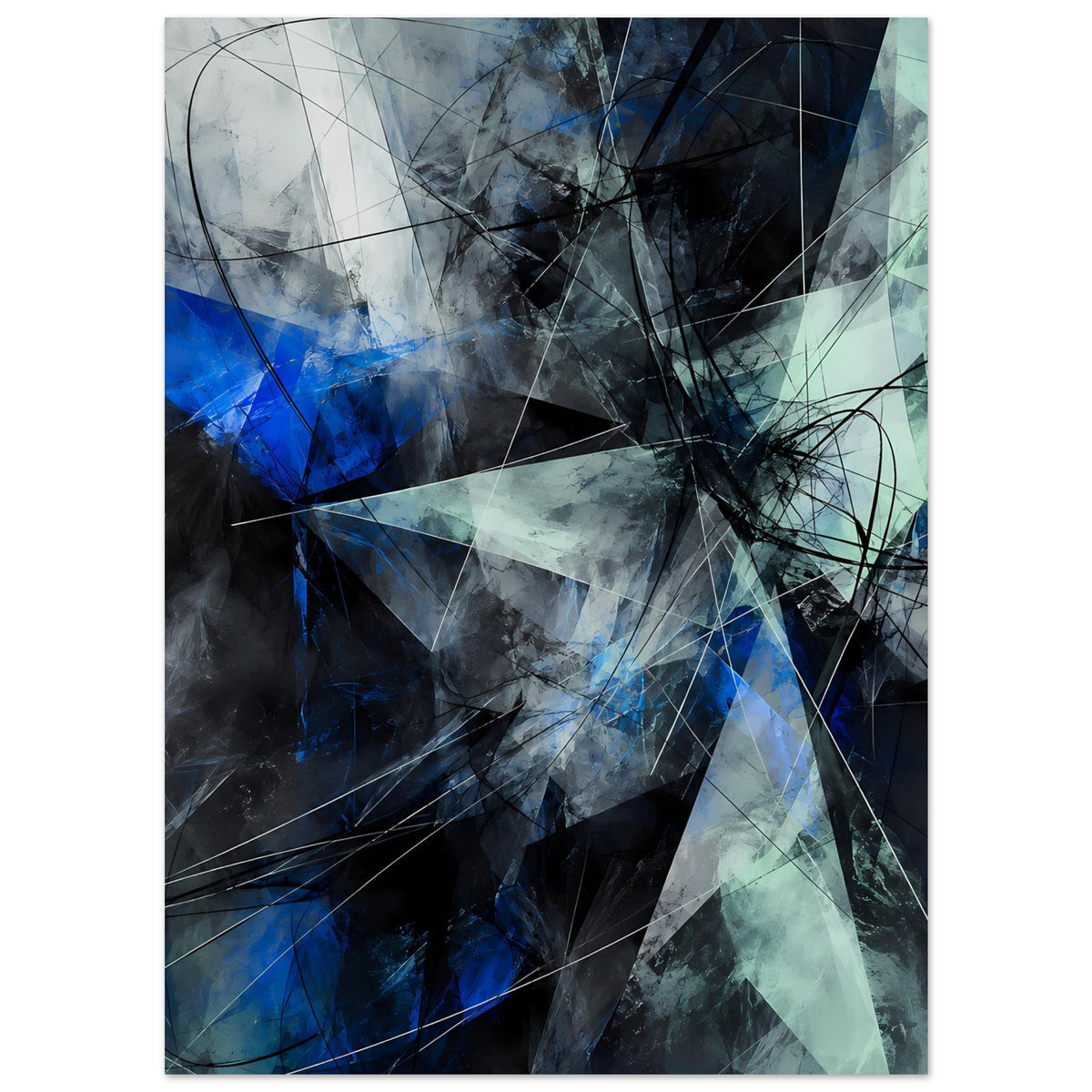 Abstraktes geometrisches Poster mit blauen Akzenten, hellgrünen Flächen und schwarzen Linien