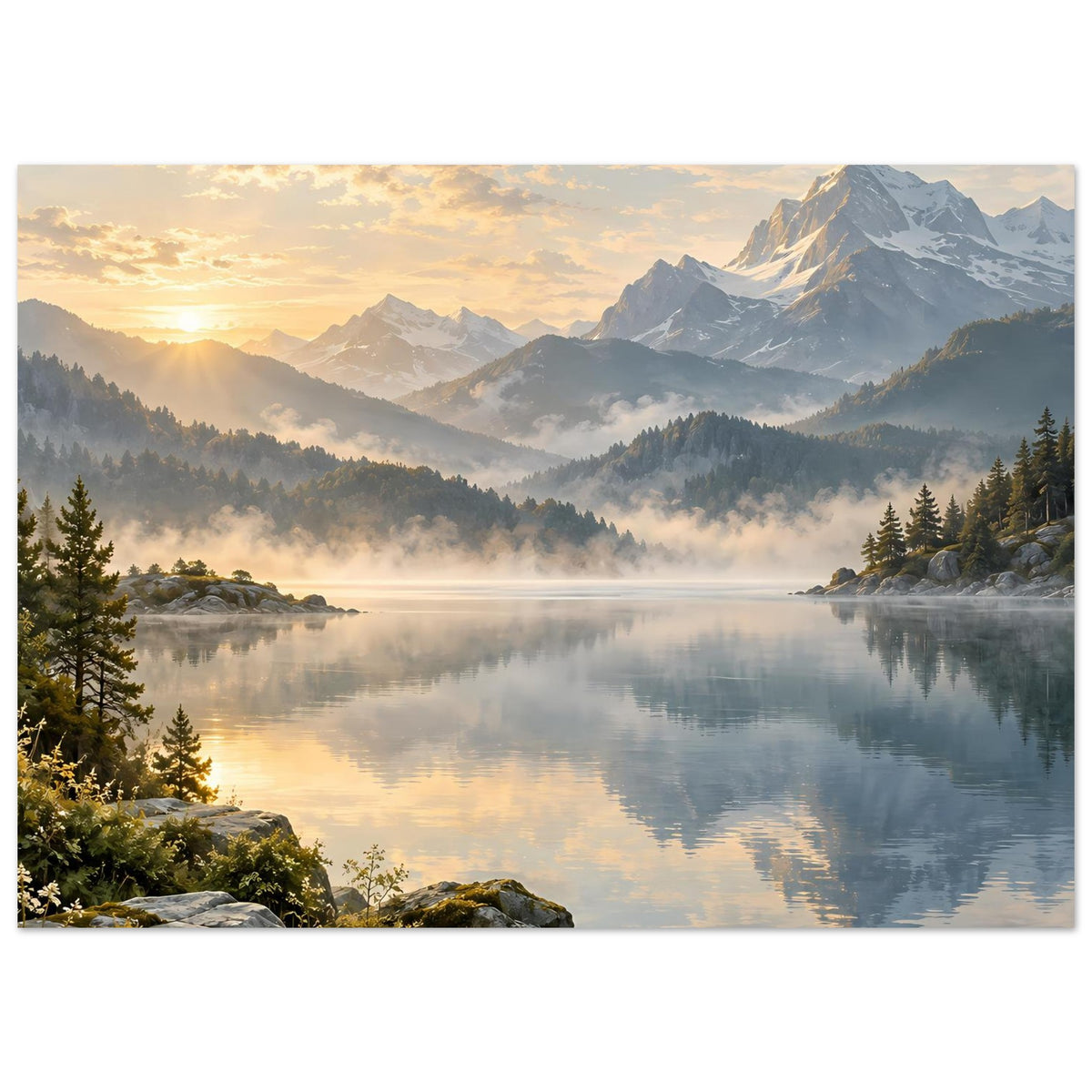 Landschaftsposter im Querformat: nebliger Bergsee mit Sonnenaufgang und Bergkette.