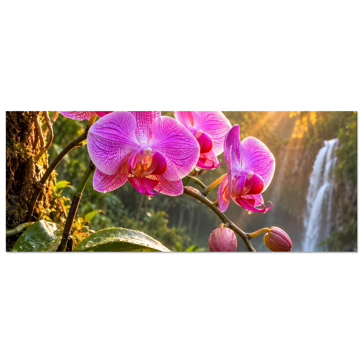 Naturposter im Querformat: pinke Orchideenblüten auf rankendem Ast