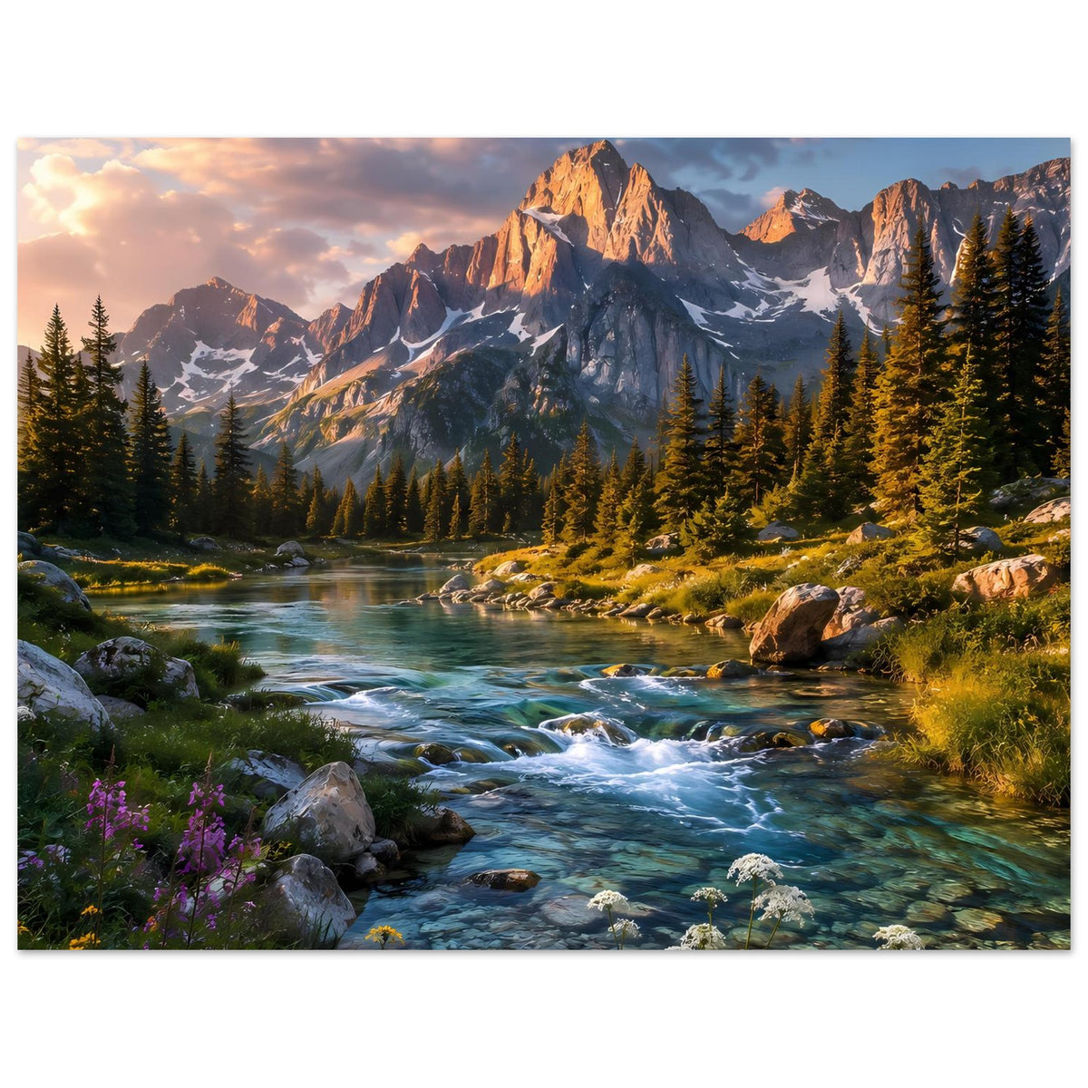 Horizontales Landschaftsposter: Fluss, Tannen und Berggipfel im warmen Abendlicht