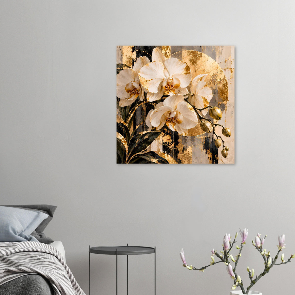 Orchideen-Wandbild mit goldenen Akzenten, kompakt, weiß gerahmt