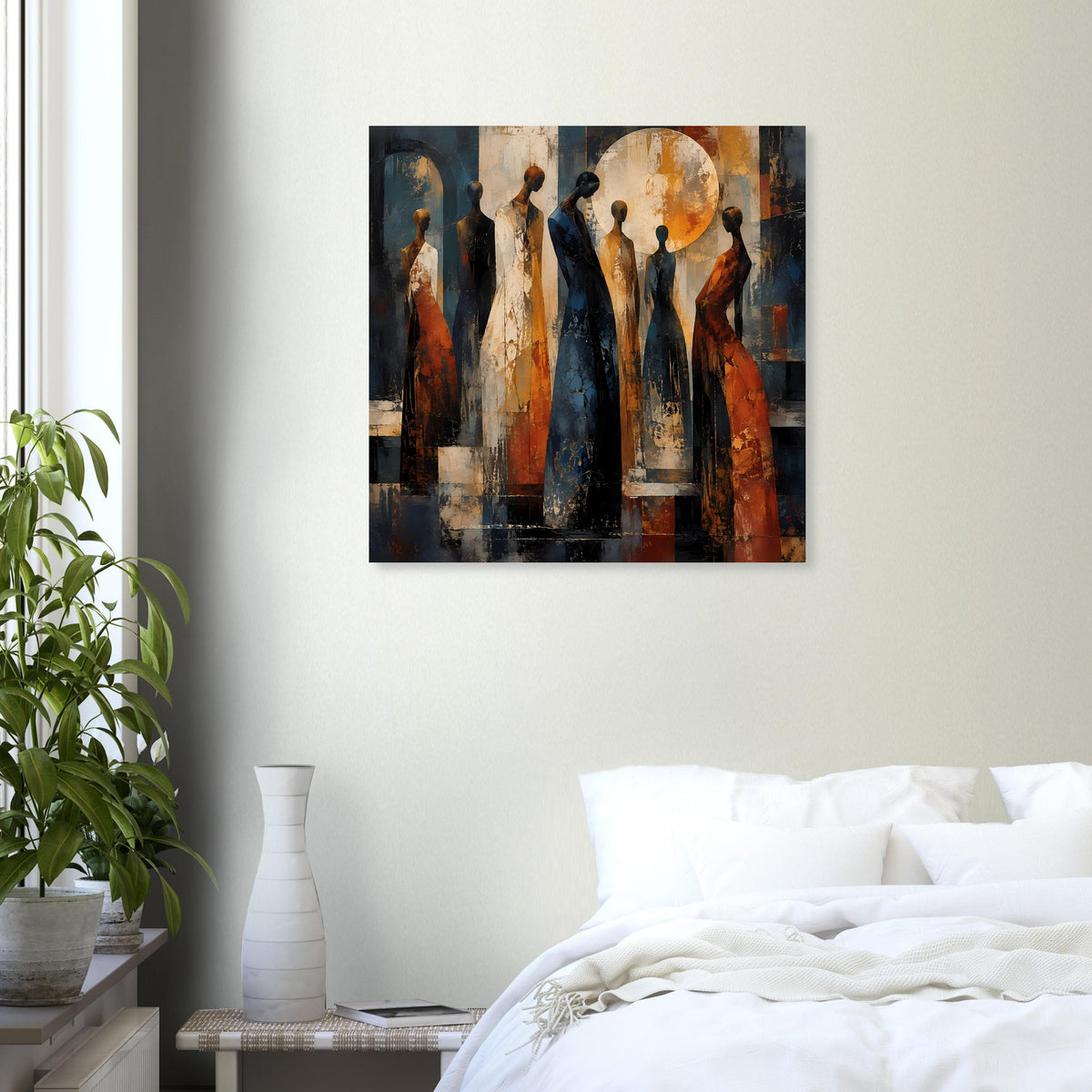 Poster mit abstrakten Figuren in warmen Tönen, quadratisch über weißem Bett