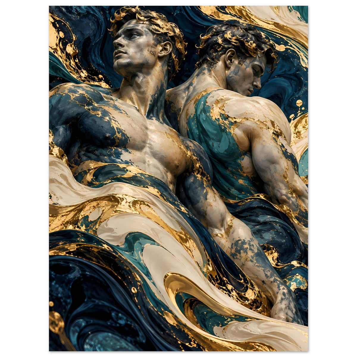 Kunstposter mit Aktfiguren, Blau- und Goldwirbel, helle Cremeakzente und goldene Details