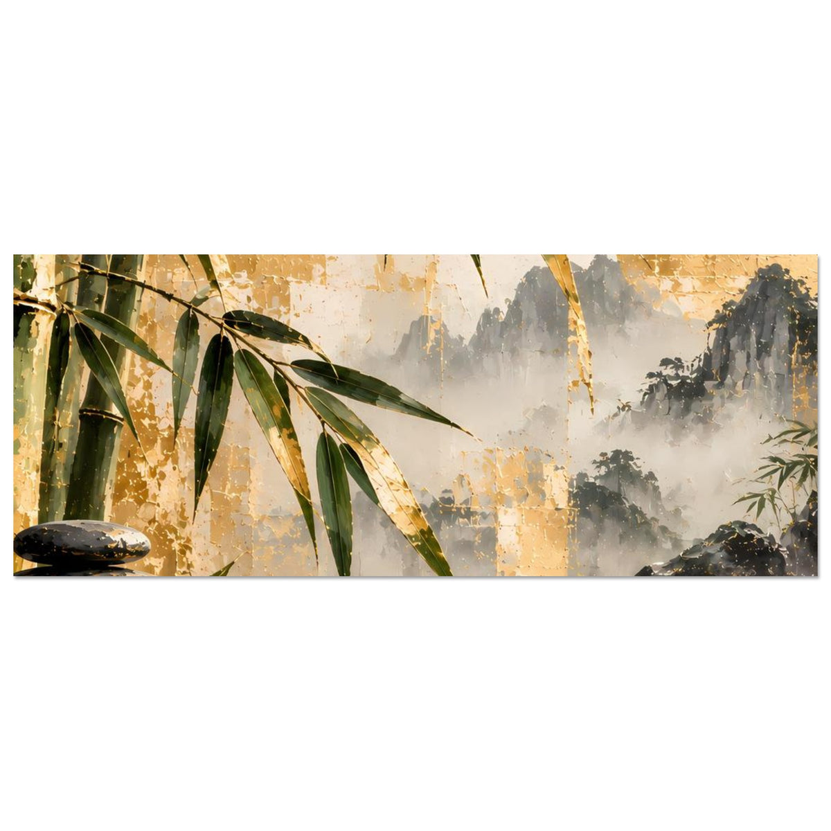 Wandposter im Querformat: Bambuszweige links, Wasserfall-Nebel und goldene Wasserreflexe