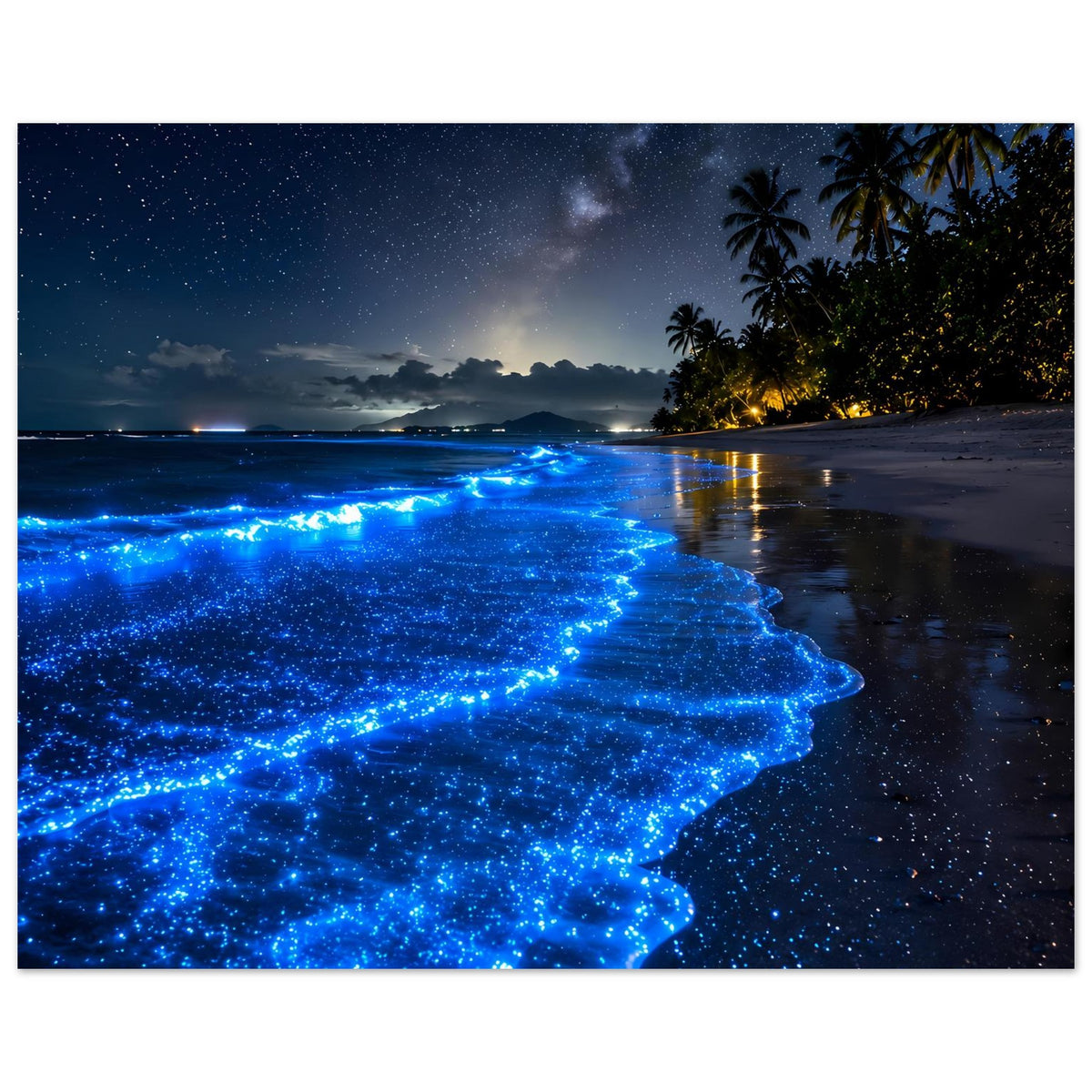 Poster: Blaue leuchtende Meereswellen mit Glanzpunkten, Strand bei Nacht, Palmen