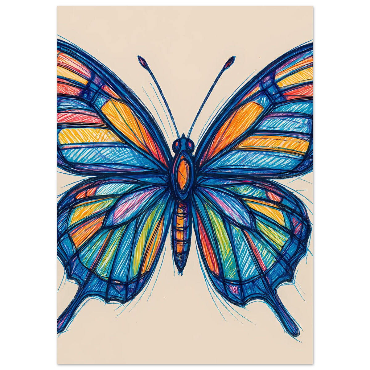 Schmetterlingsposter mit bunten Flügeln, zentrierte Darstellung mit blauen Rändern