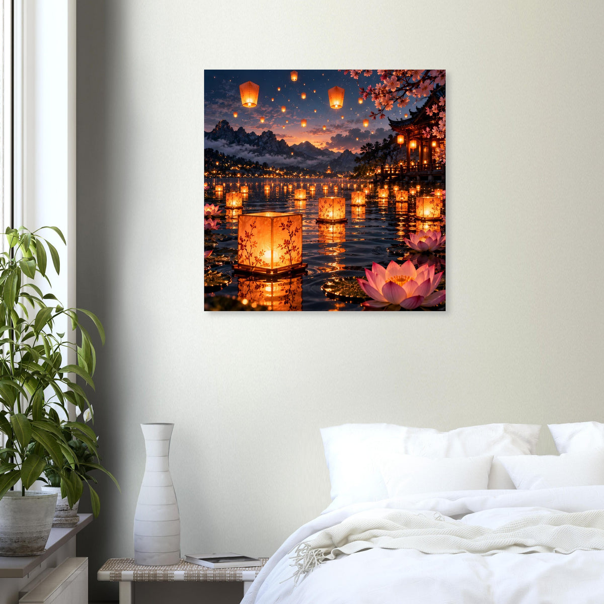 Quadratisches Poster mit Lampions am Ufer bei Sonnenuntergang und Lotusblüte