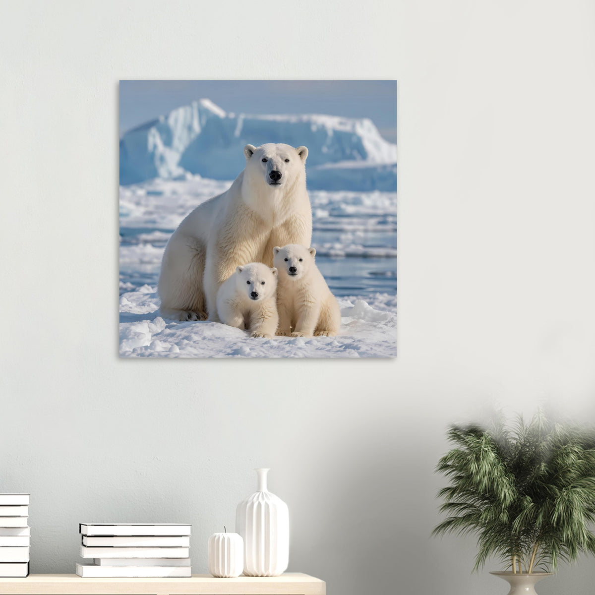 Eisbären-Kunstdruck: großer Bär mit zwei Jungtieren im Schnee, mittig im Bild