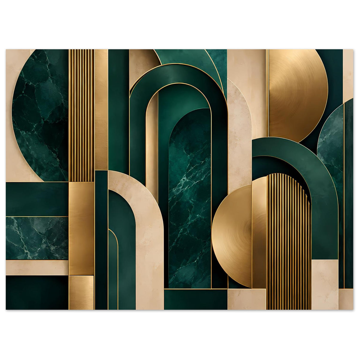Art-Deco-Poster mit gold-grünen Kaskaden aus Bögen, rechteckigen Feldern und Linien