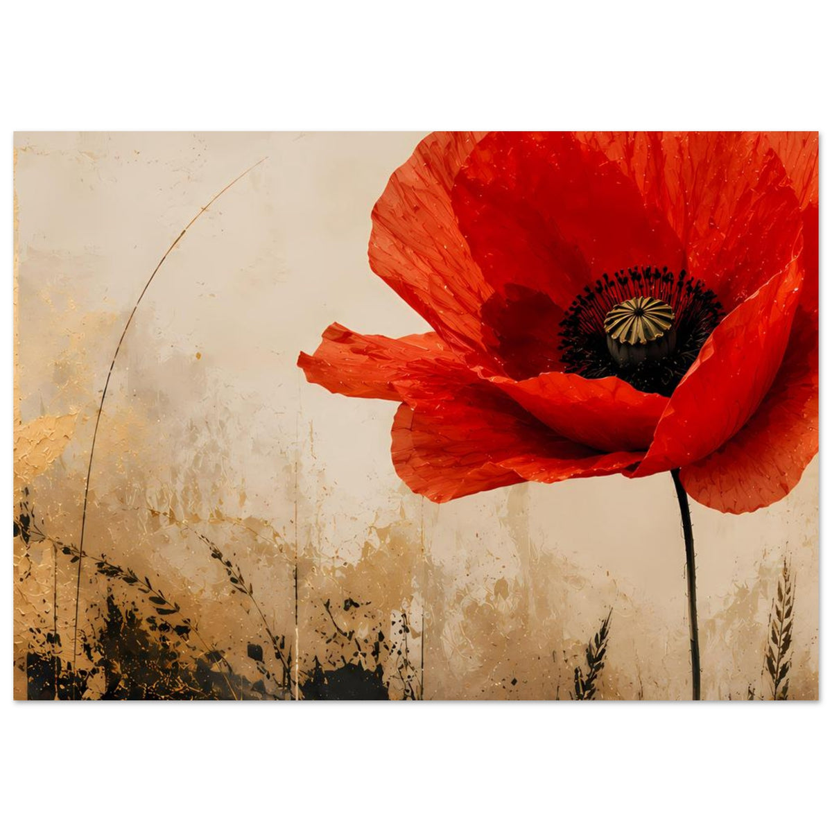 Poster mit roter Mohnblume und dunklem Zentrum, Stiel nach unten geführt.