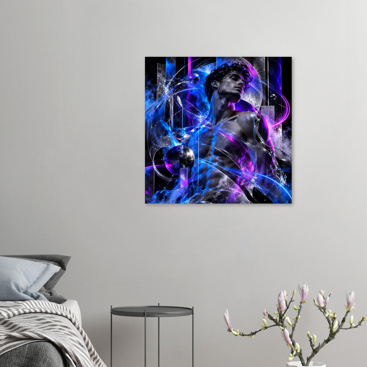 Futuristisches Poster klein im Querformat: kosmische Energiefigur in Blau und Violett