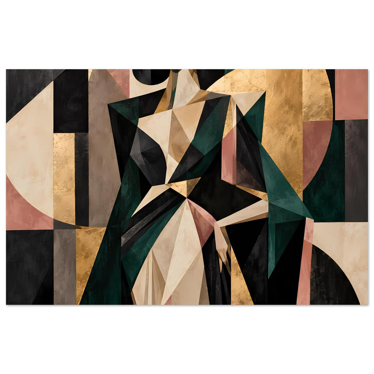 Abstraktes Poster mit geometrischen Formen in Olivgrün, Gold, Rosé und Schwarz