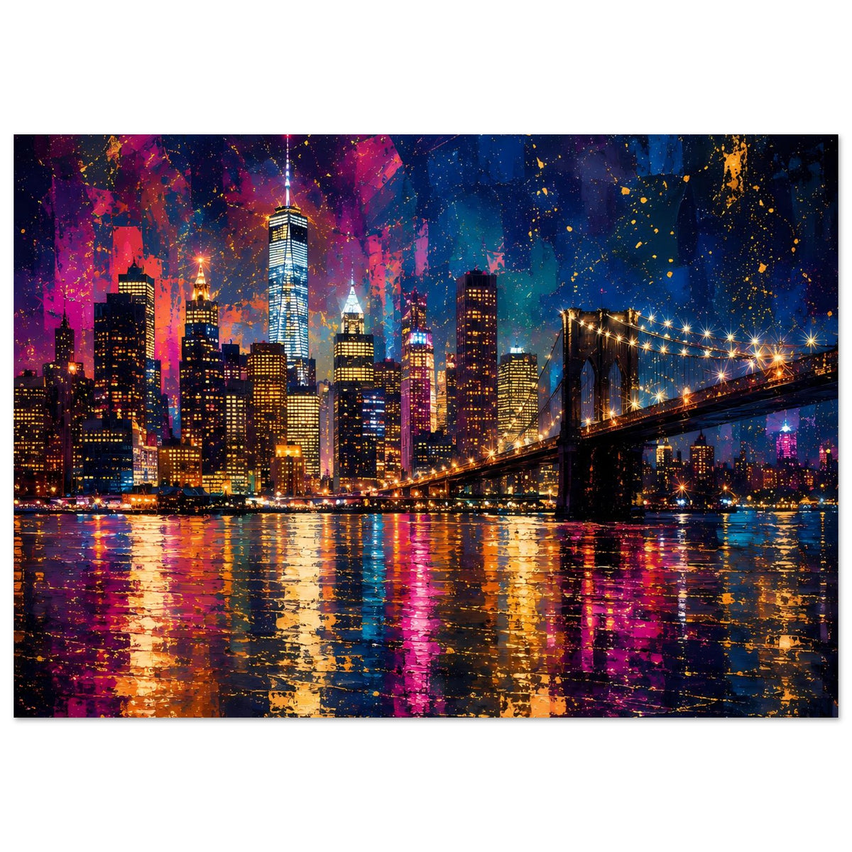 Abstraktes Stadtposter mit Skyline bei Nacht und Hängebrücke, Lichterkette über dem Fluss