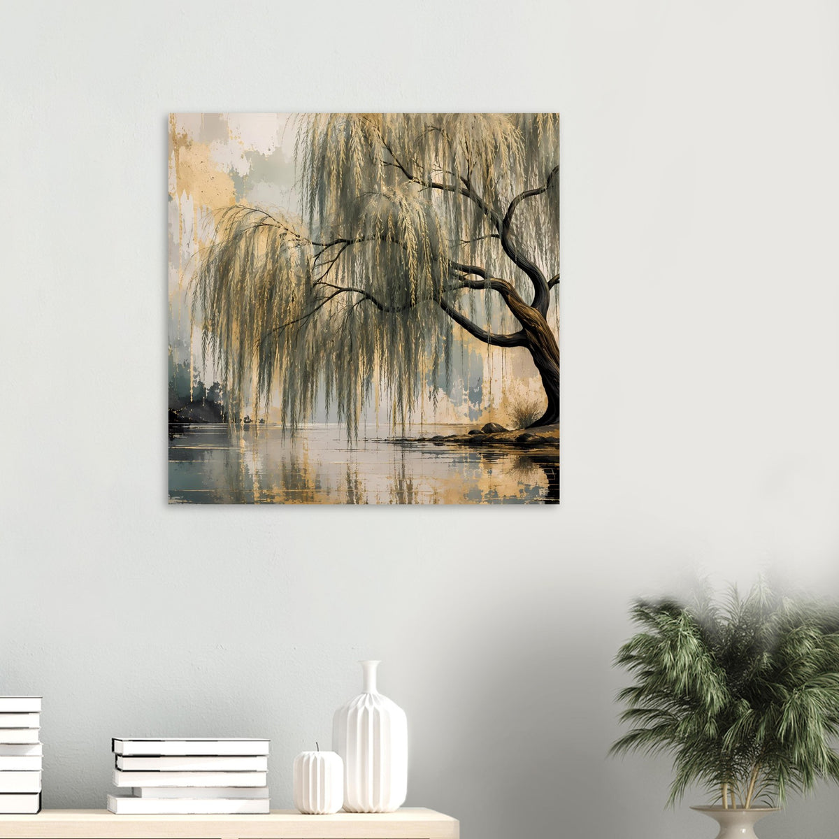 Quadratisches Poster mit Weidenbaum am Wasser in gold-grauen und blauen Tönen