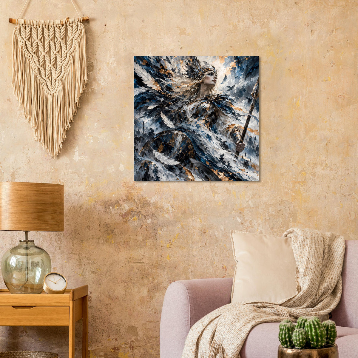 Poster mit Valkyrie-Motiv in Blau, Schwarz und Gold, abstrakter Pinselstrich-Stil