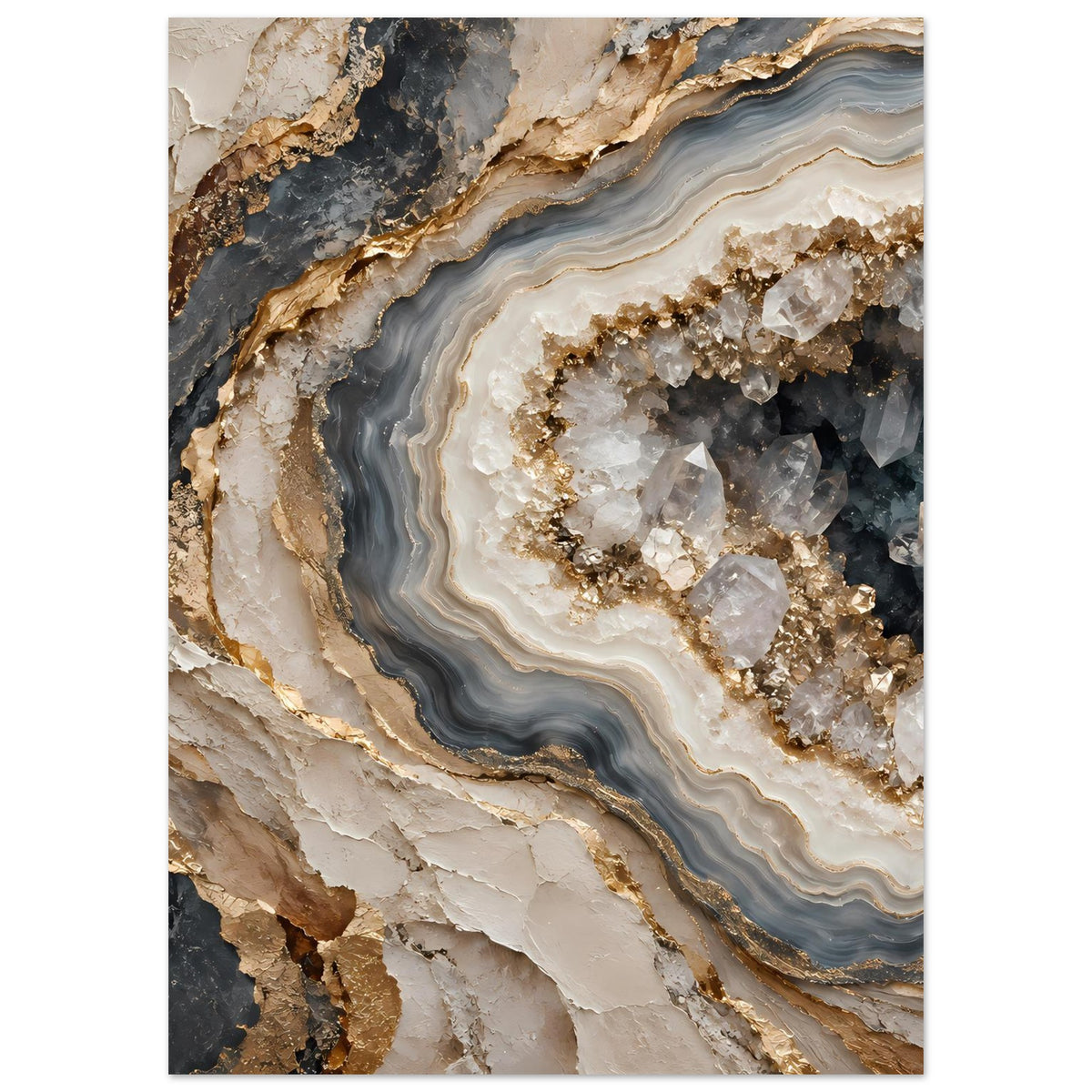 Geoden-Poster im Hochformat: kontrastreiche Schichtbänder in Creme, Rauchgrau, Gold