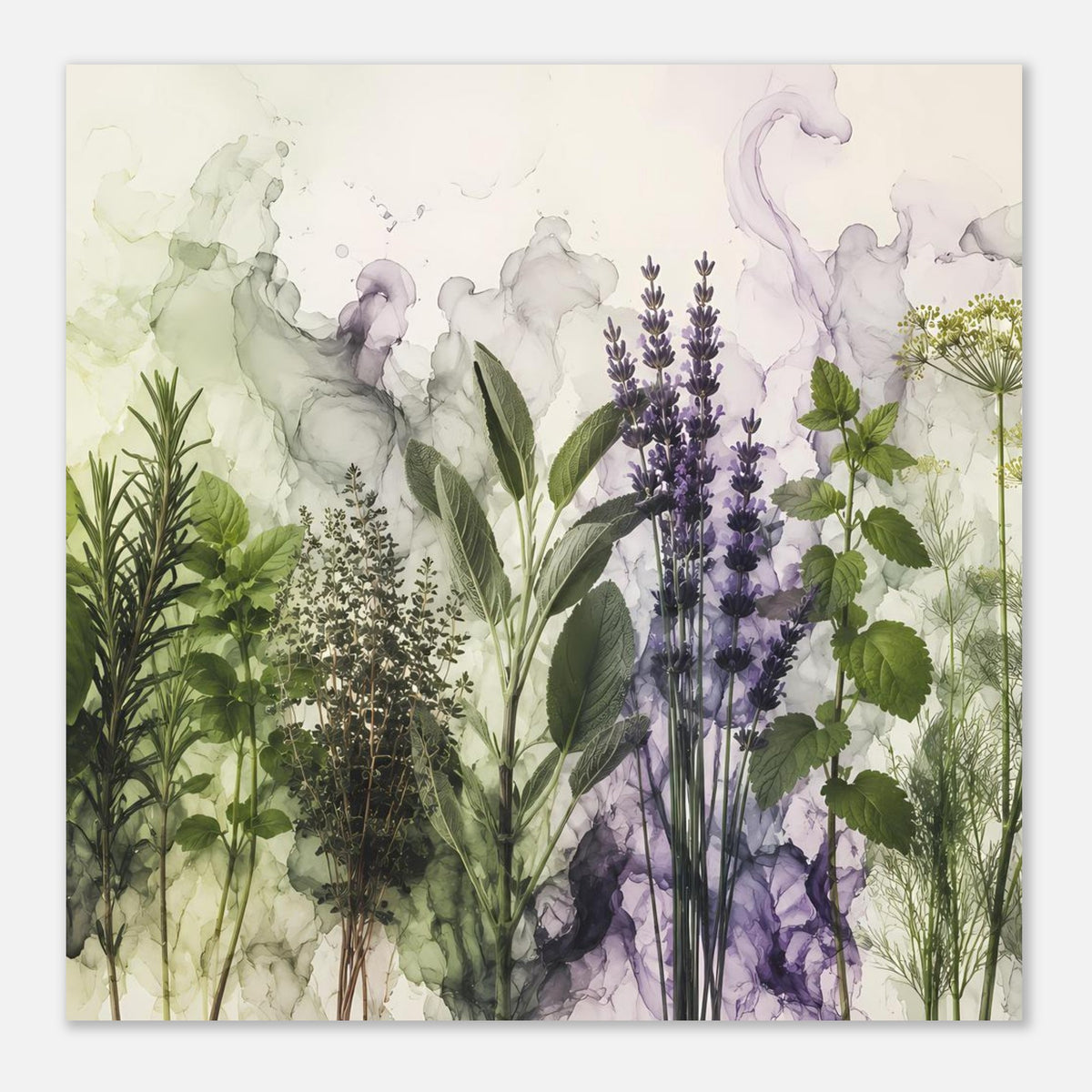 Gerahmtes botanisches Poster im Hochformat mit Lavendelblüten und grünen Kräutern