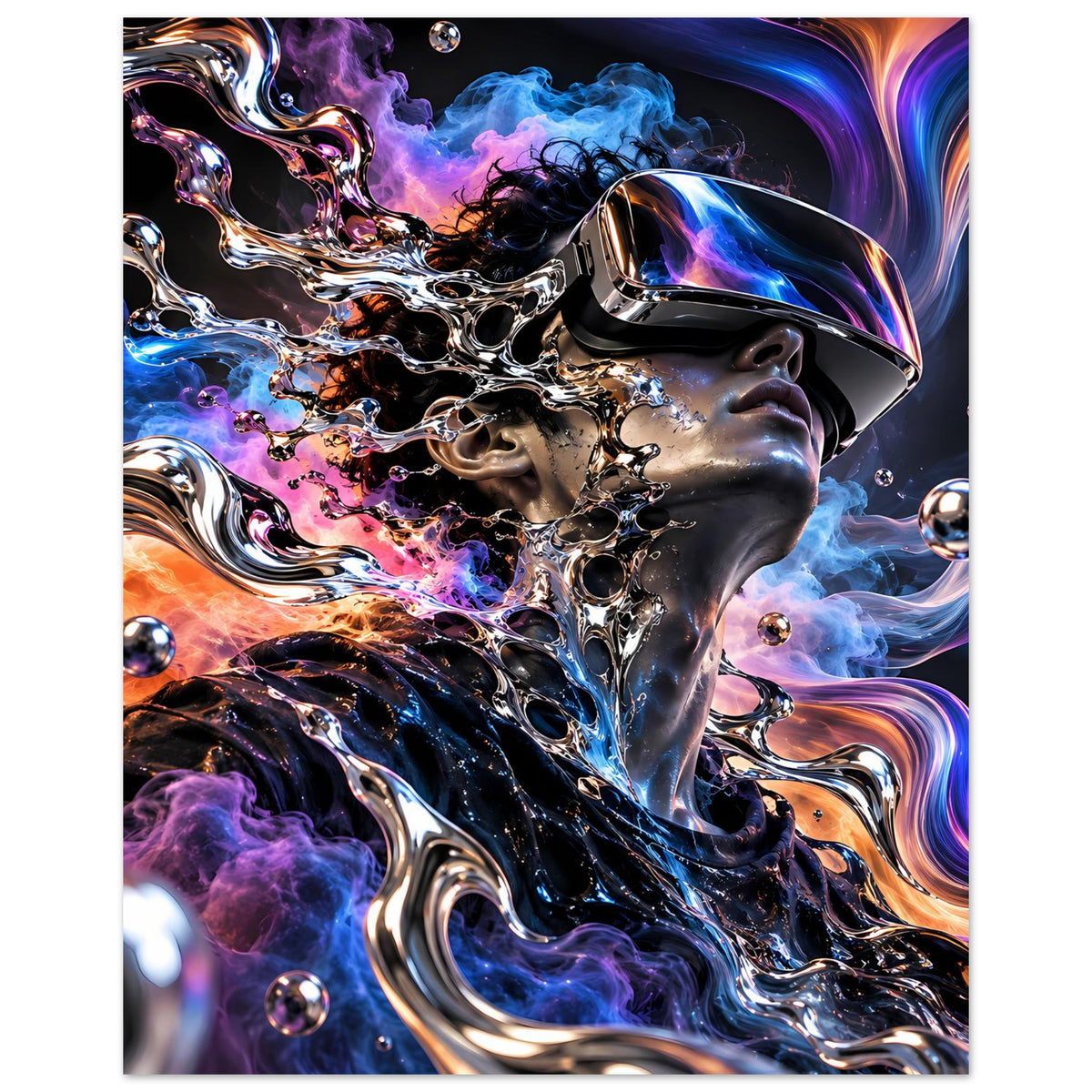 Poster im Hochformat: Portrait mit Chrom-Formen, Regenbogenrauch und glänzenden Kugeln