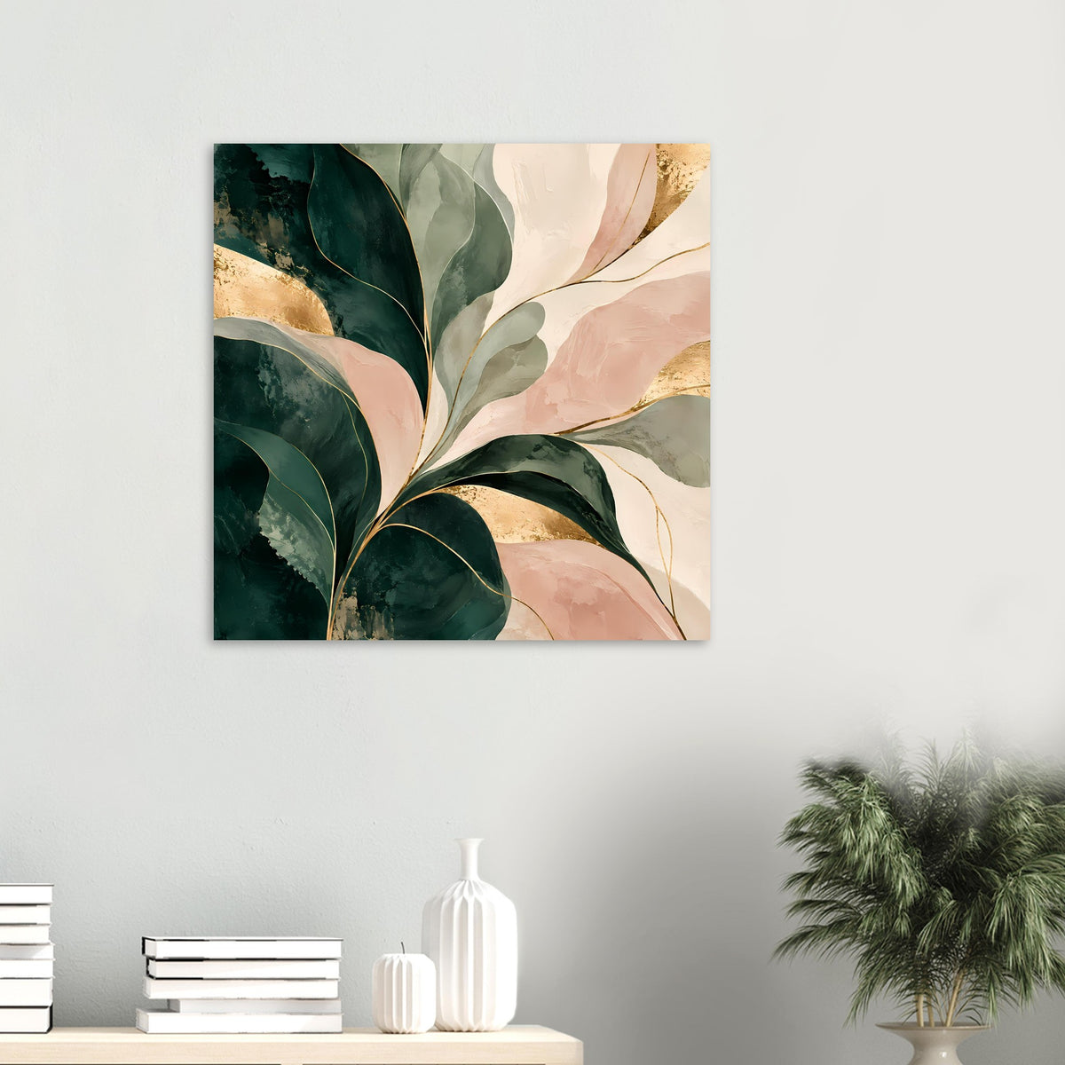 Abstraktes Kunstposter mit Blattmotiv in Smaragdgrün, Rosé und Gold