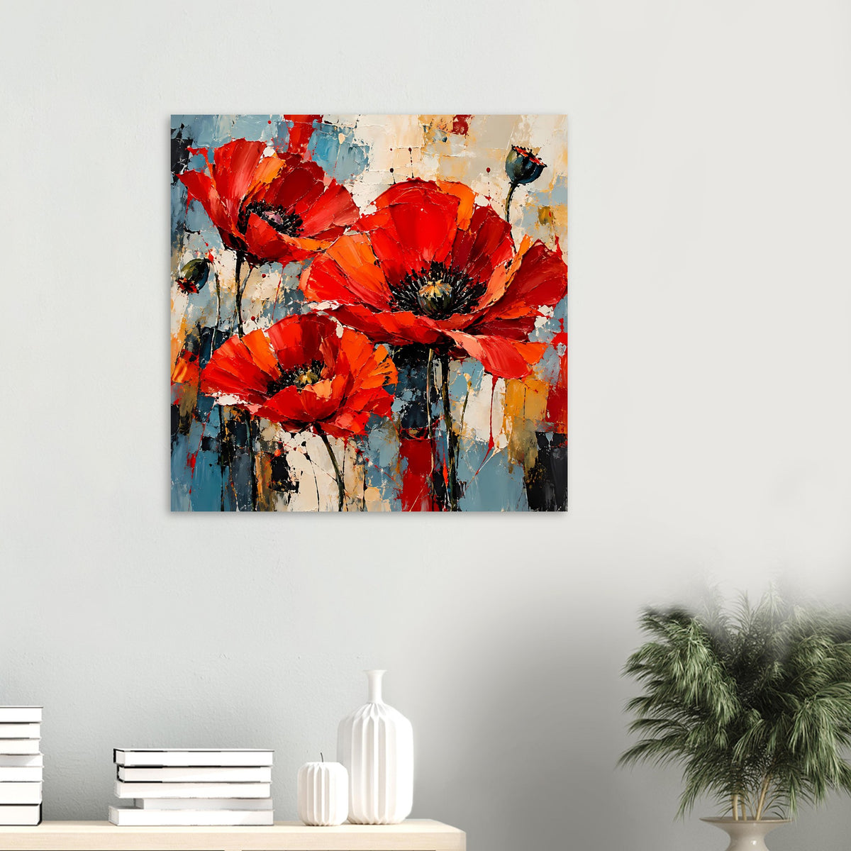 Kleines Wandposter mit roten Mohnblumen im Quadratformat, abstrakt und farbenfroh
