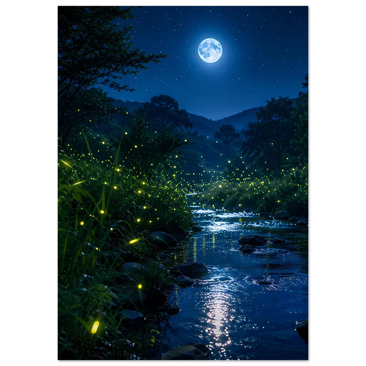 Vertikales Wandposter: Mond über Waldfluss mit Gräsern am Rand und glühenden Insekten