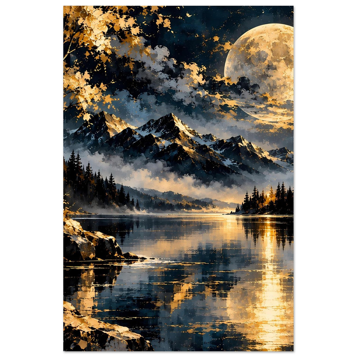 Poster mit Mondlandschaft: Berge, See und goldene Lichter im Nachtlicht