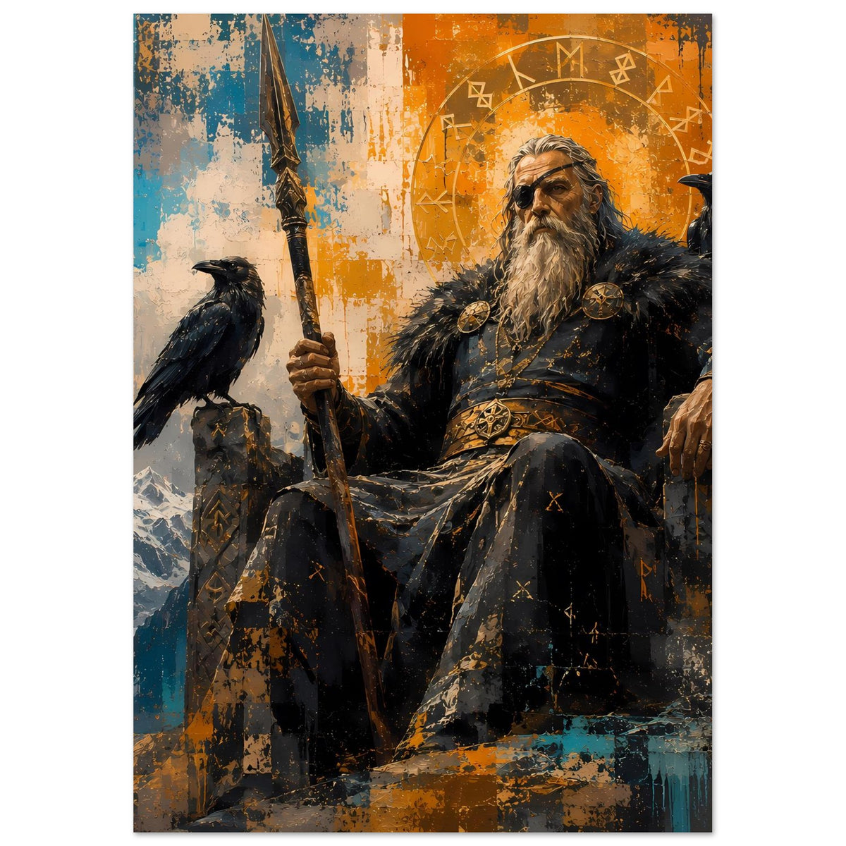 Norse-Gott Poster im Hochformat: bärtiger Krieger hält Speer, schwarzer Rabe, orange Runenring
