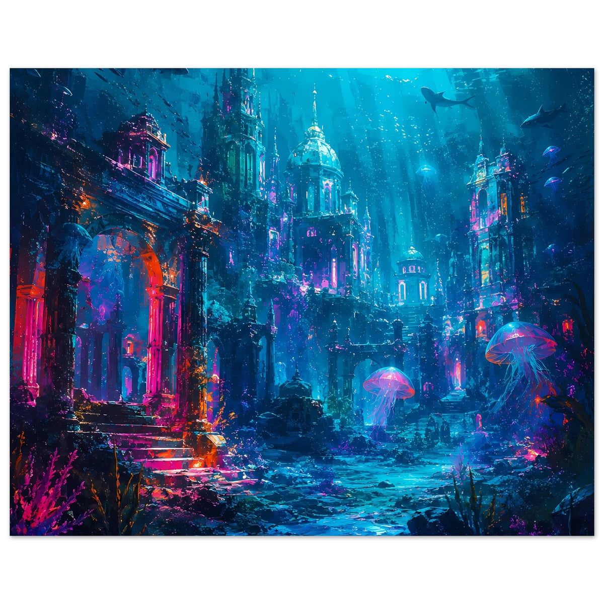 Unterwasser-Fantasy-Poster im Querformat: versunkene Stadt, leuchtende Quallen und Fische