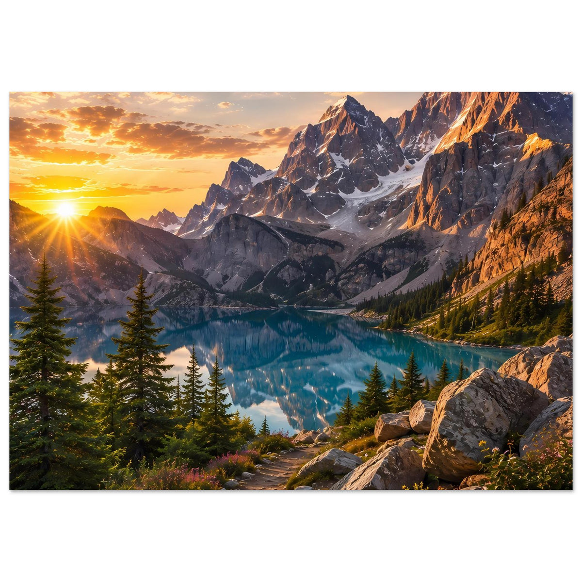 Poster Querformat: Sonnenaufgang über Bergkette und See, Felsen im Vordergrund, matt