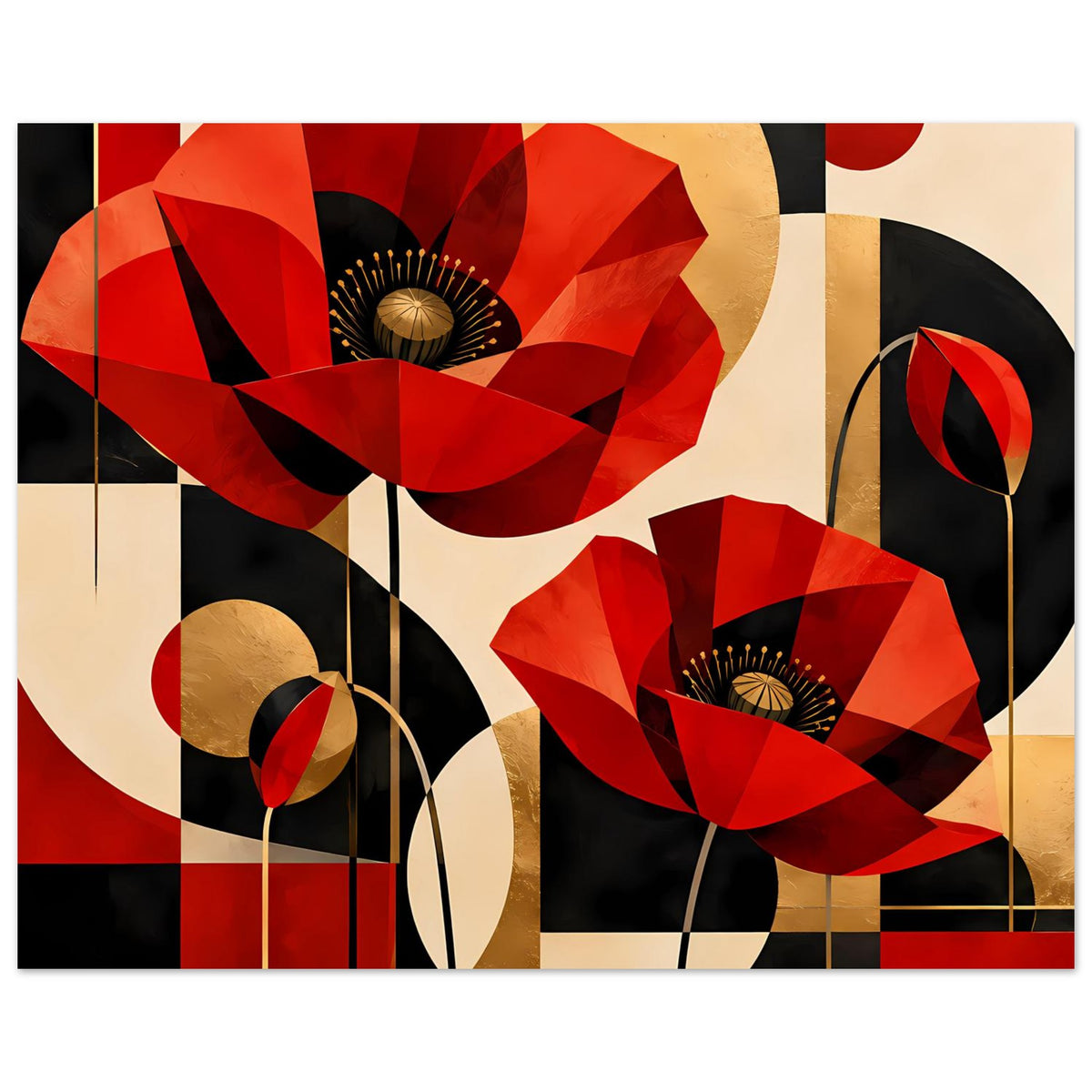 Abstraktes Kunstposter in Warmrot: rote Mohnblumen, goldene Formen, schwarze Schraffuren.